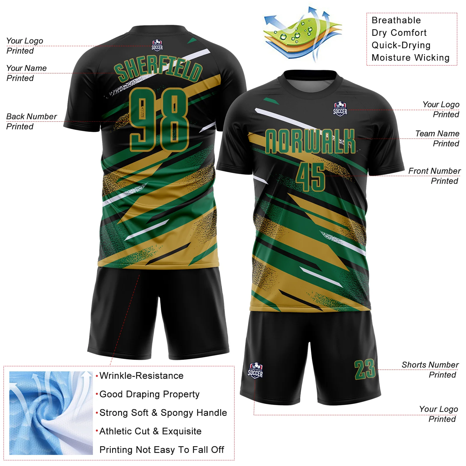 Custom Black Kelly Green Old Gold-White Grunge Stripe And Grainy Sports Sublimation Soccer Uniform Jersey - Image 4