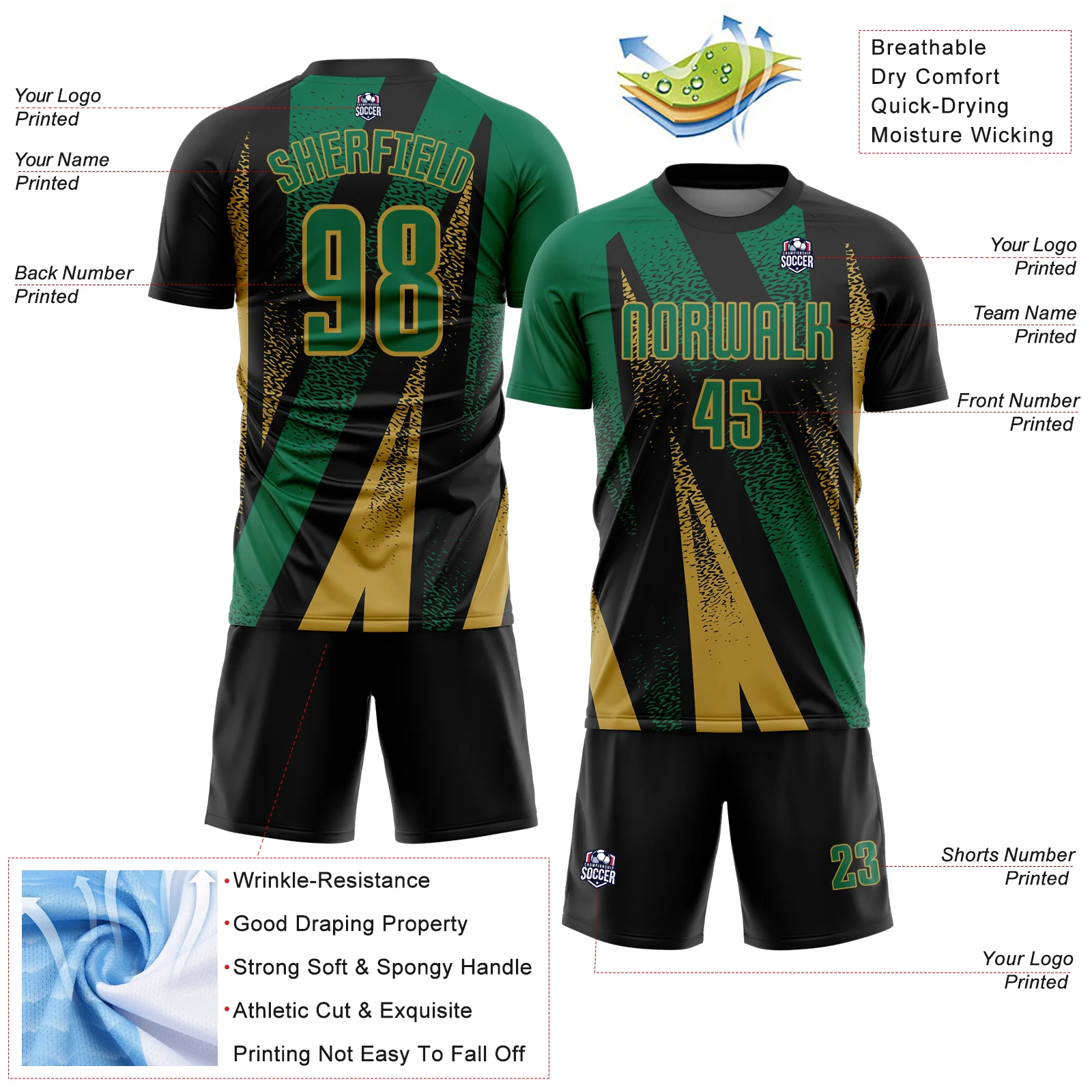 Custom Black Kelly Green-Old Gold Radial Burst Sports Sublimation Soccer Uniform Jersey - Image 4