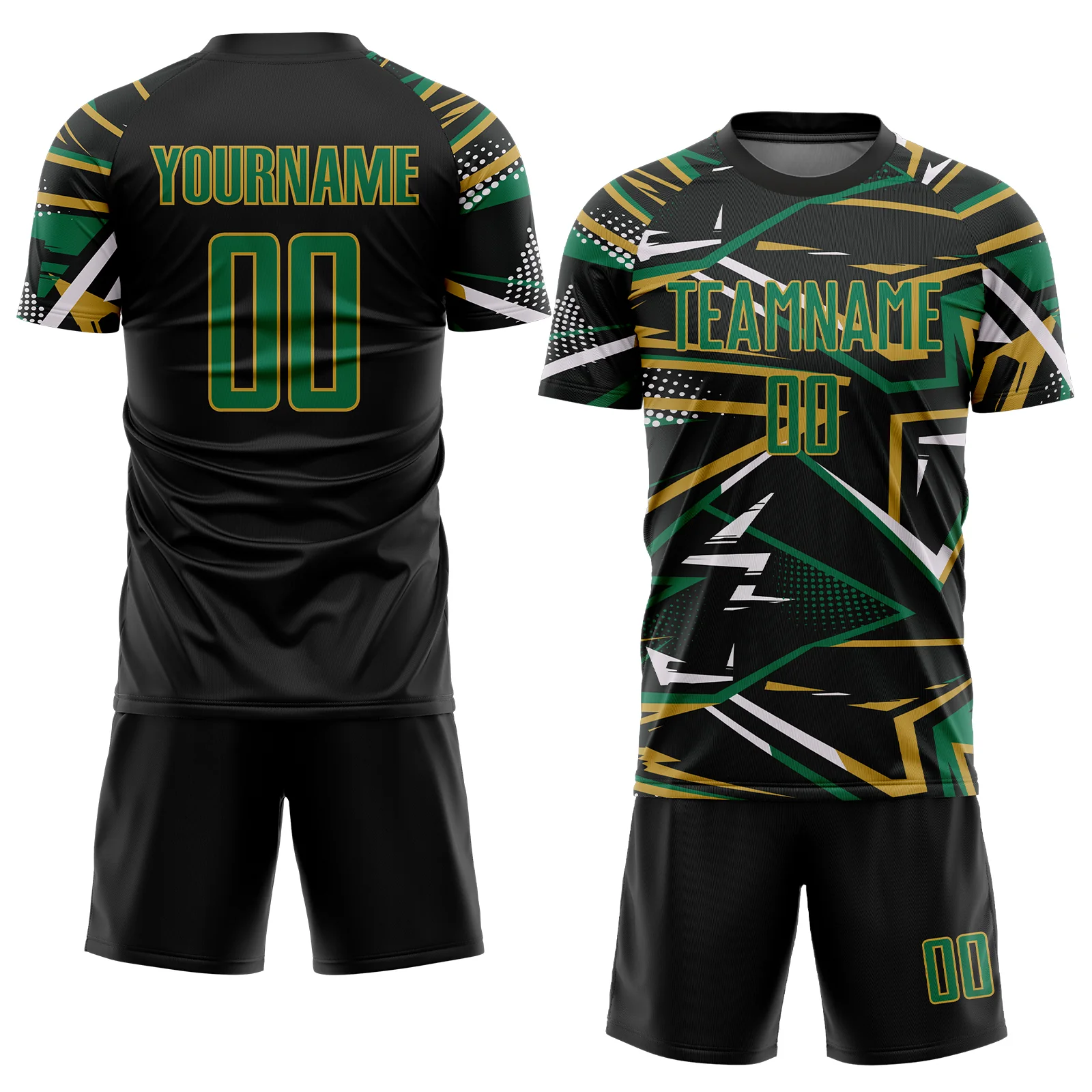 Custom Black Kelly Green Old Gold-White Abstract Geometric Stripes Sports Sublimation Soccer Uniform Jersey - Image 2