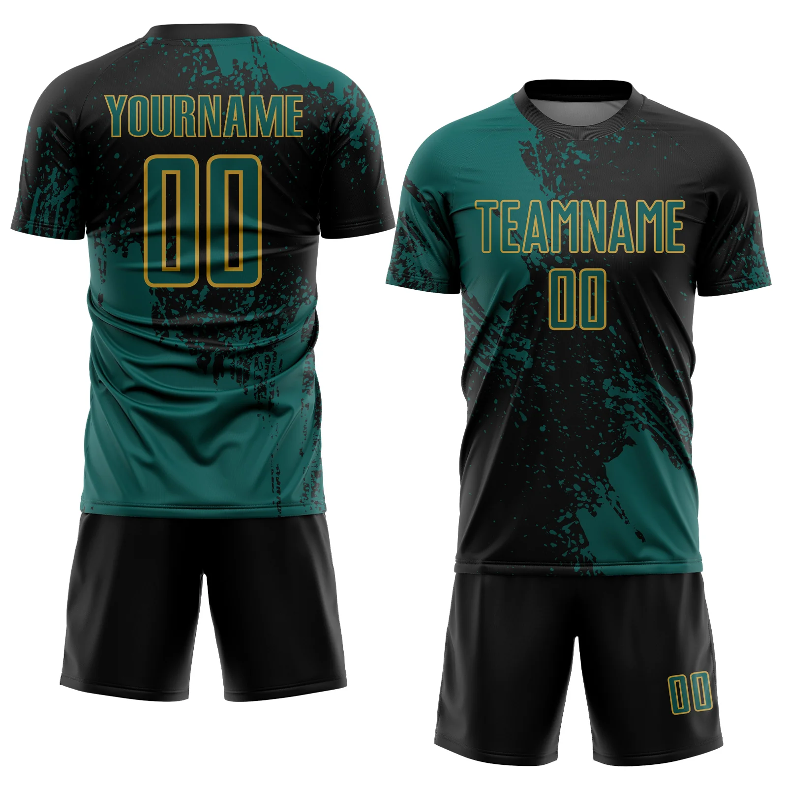 Custom Black Midnight Green-Old Gold Abstract Brush Stroke Sports Sublimation Soccer Uniform Jersey - Image 2