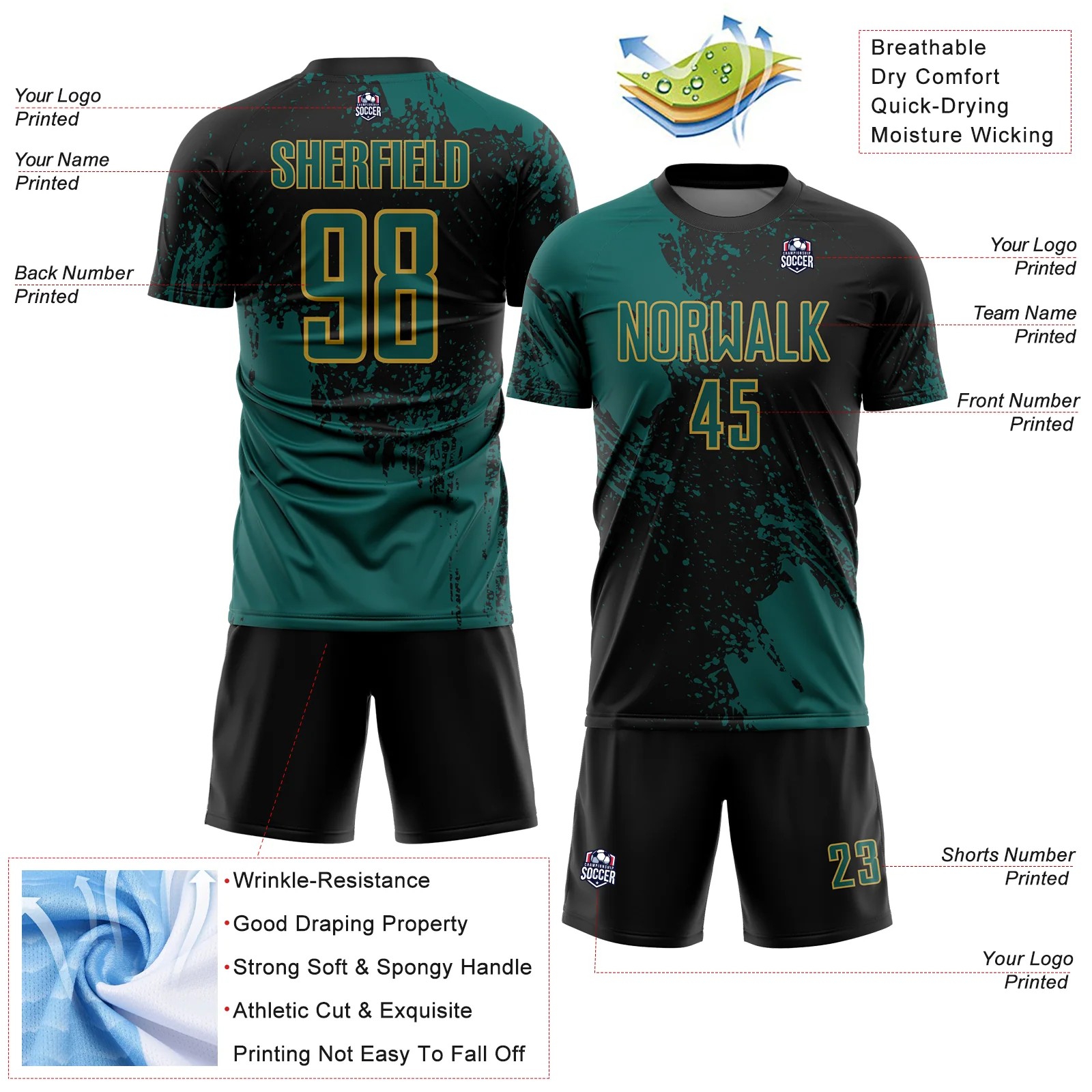 Custom Black Midnight Green-Old Gold Abstract Brush Stroke Sports Sublimation Soccer Uniform Jersey - Image 4