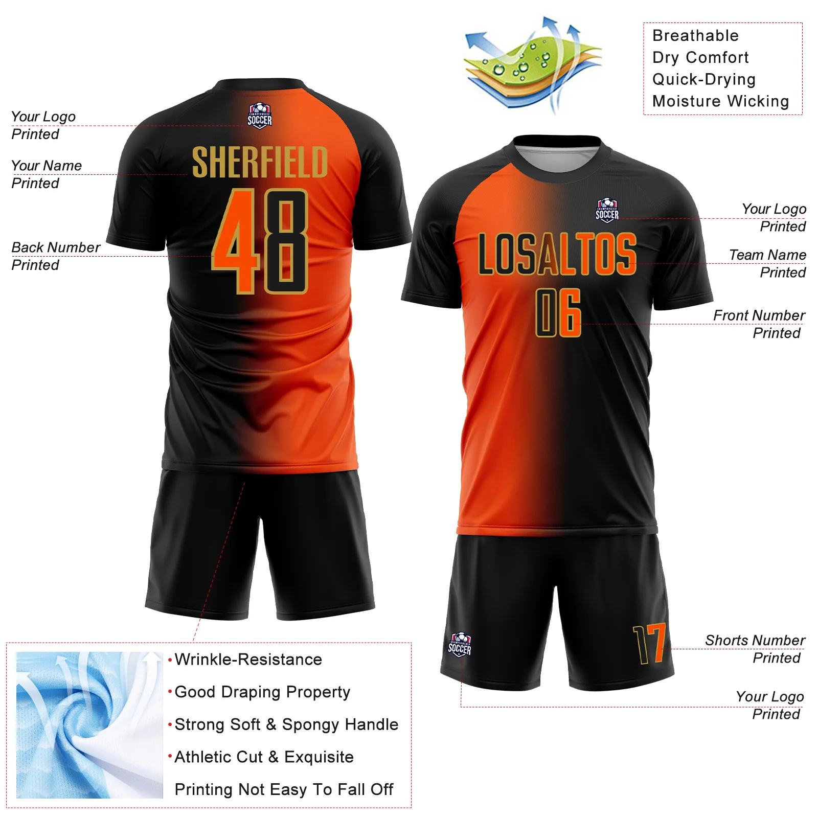 Custom Black Orange-Old Gold Sublimation Gradient Fashion Soccer Uniform Jersey - Image 4