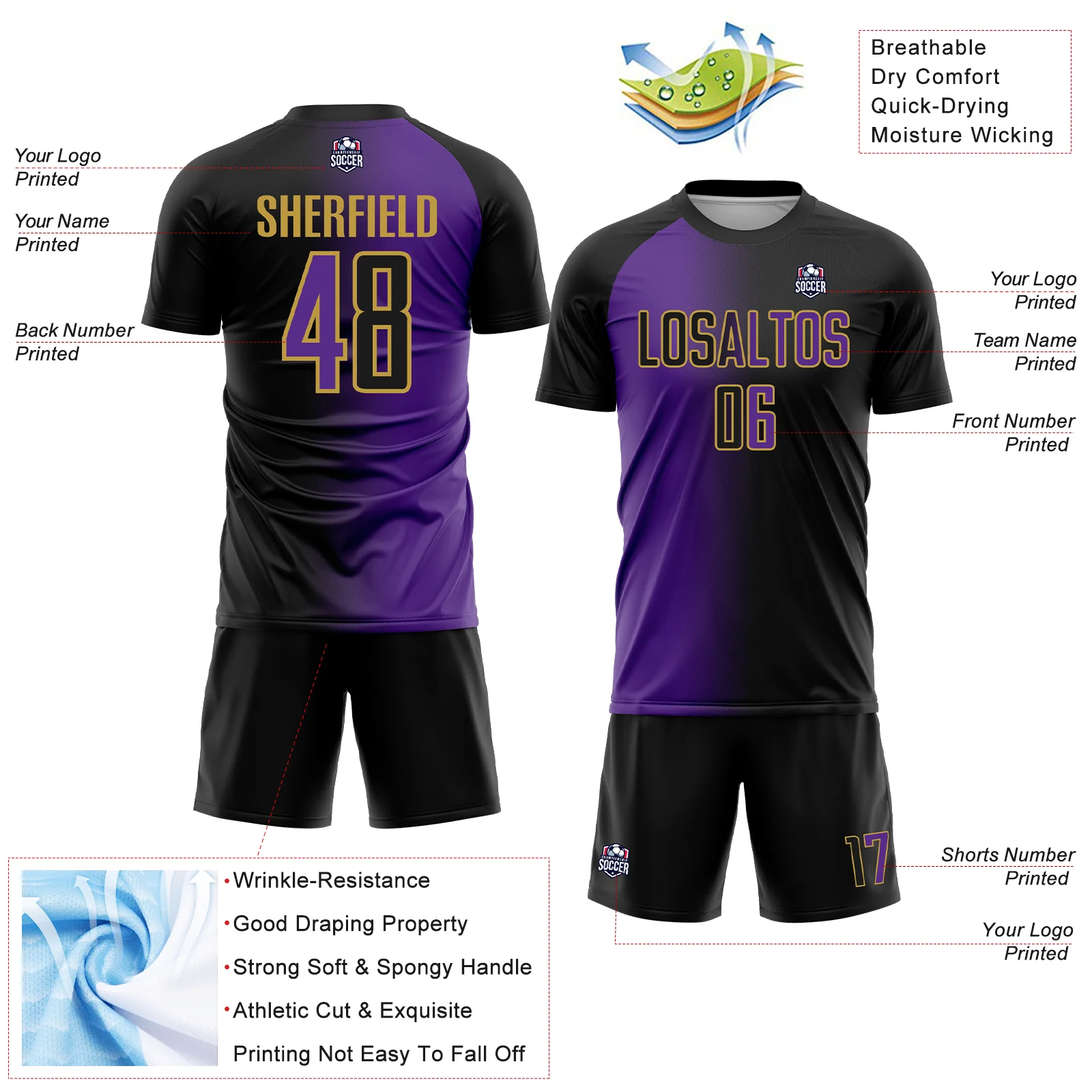 Custom Black Purple-Old Gold Sublimation Gradient Fashion Soccer Uniform Jersey - Image 4