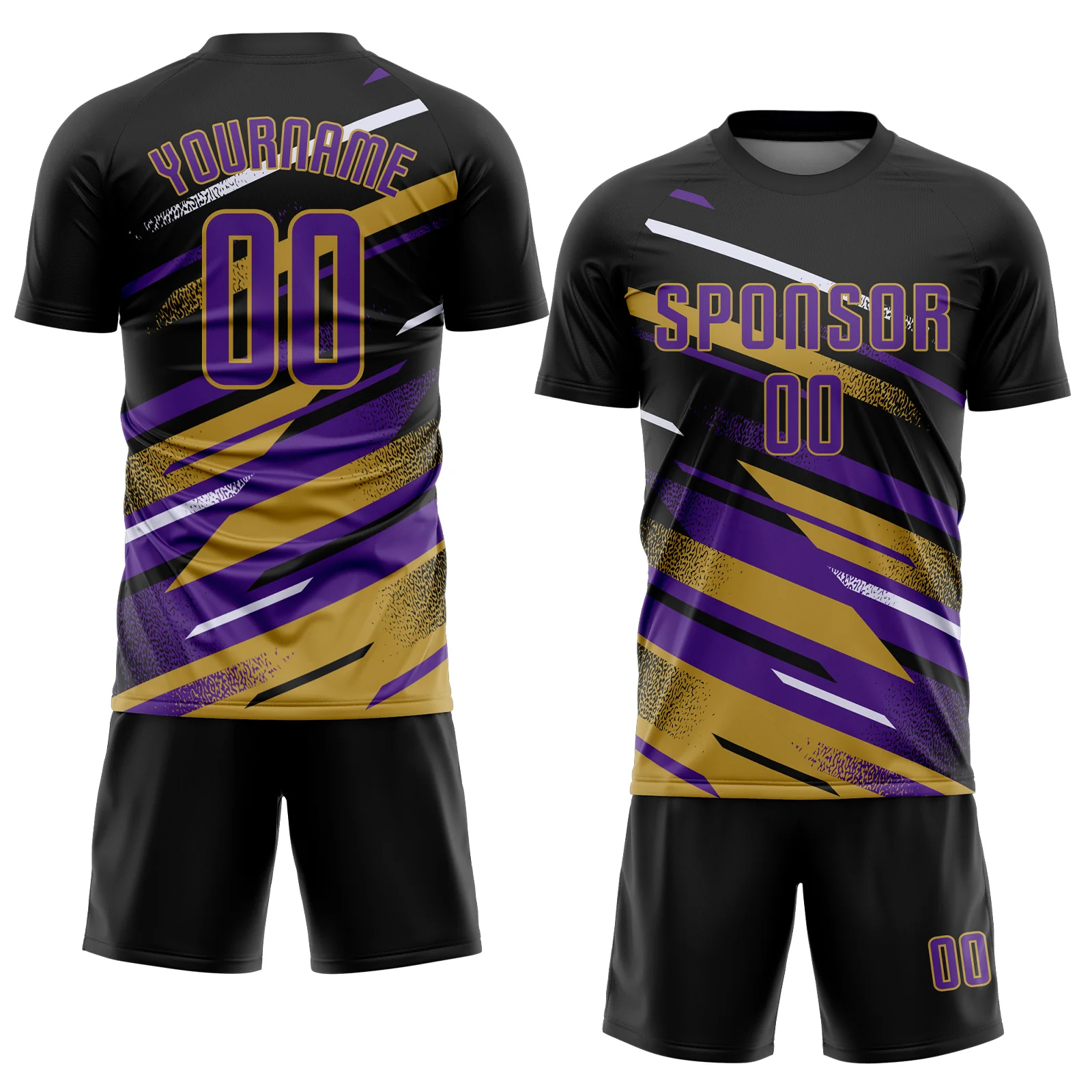Custom Black Purple Old Gold-White Grunge Stripe And Grainy Sports Sublimation Soccer Uniform Jersey - Image 2