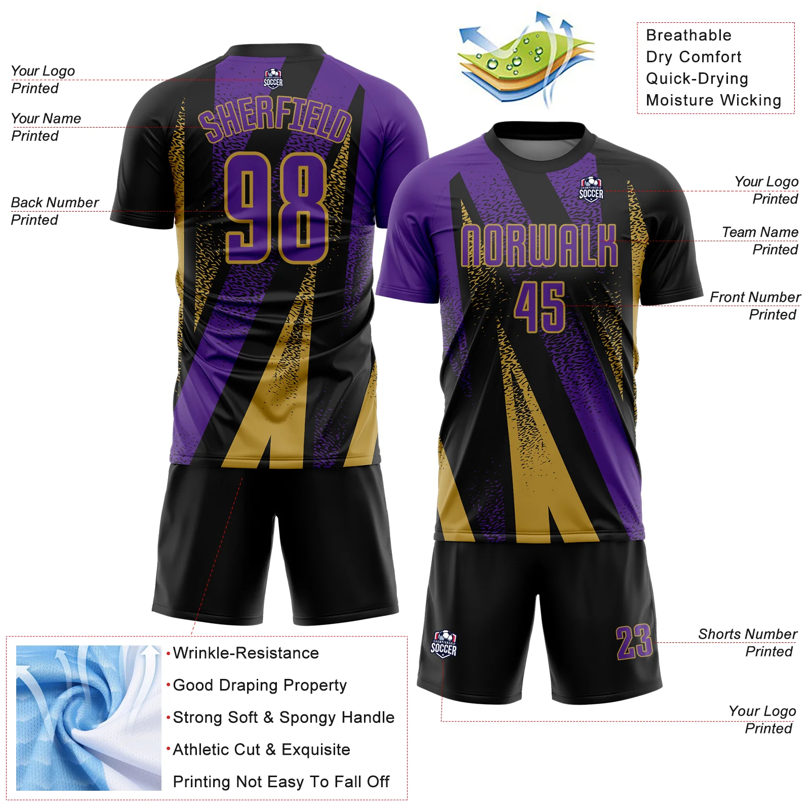 Custom Black Purple-Old Gold Radial Burst Sports Sublimation Soccer Uniform Jersey - Image 4