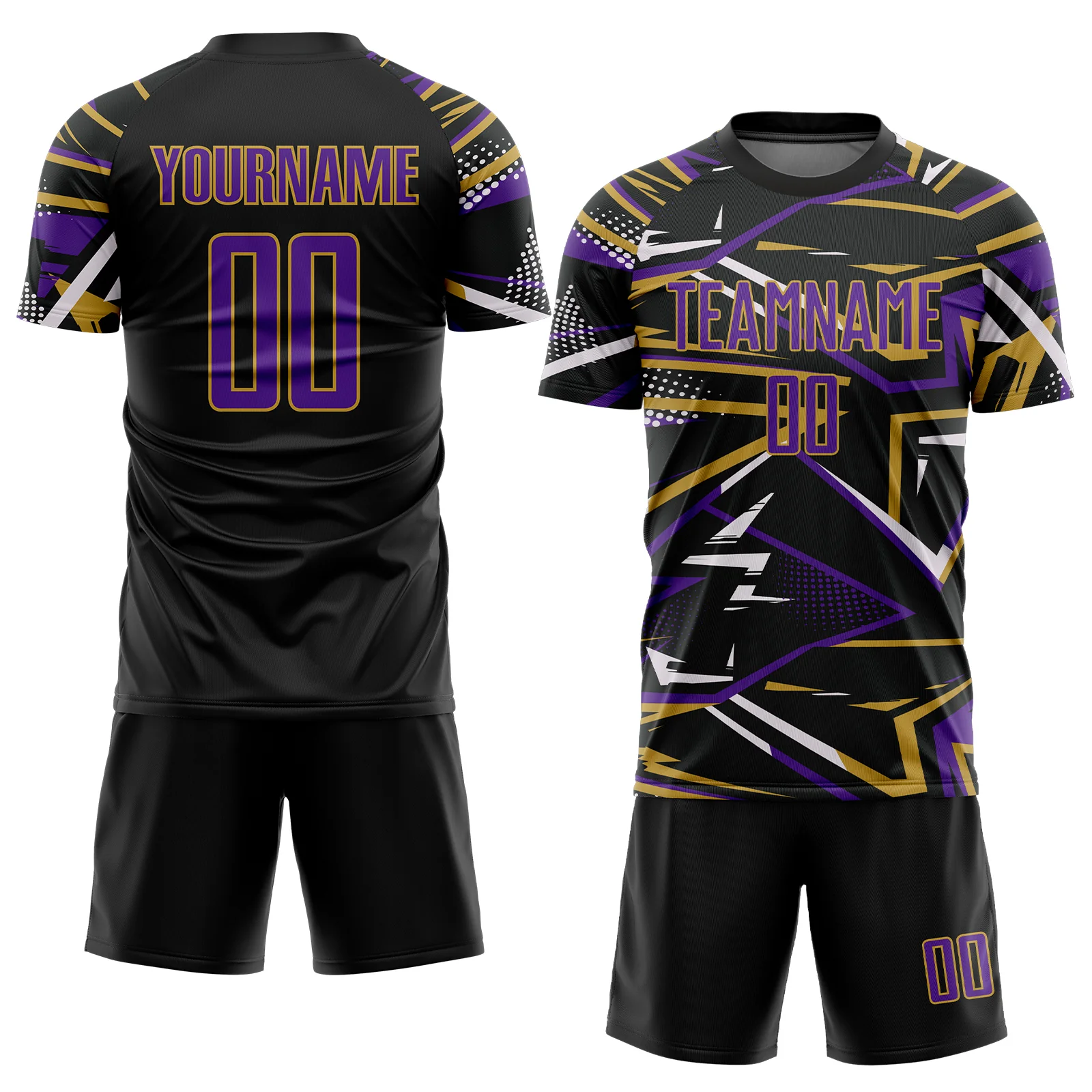 Custom Black Purple Old Gold-White Abstract Geometric Stripes Sports Sublimation Soccer Uniform Jersey - Image 2