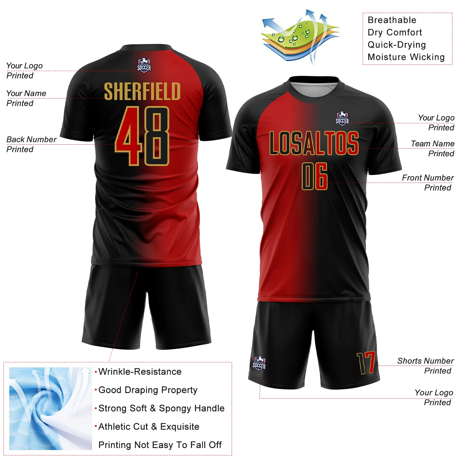Custom Black Red-Old Gold Sublimation Gradient Fashion Soccer Uniform Jersey - Image 4