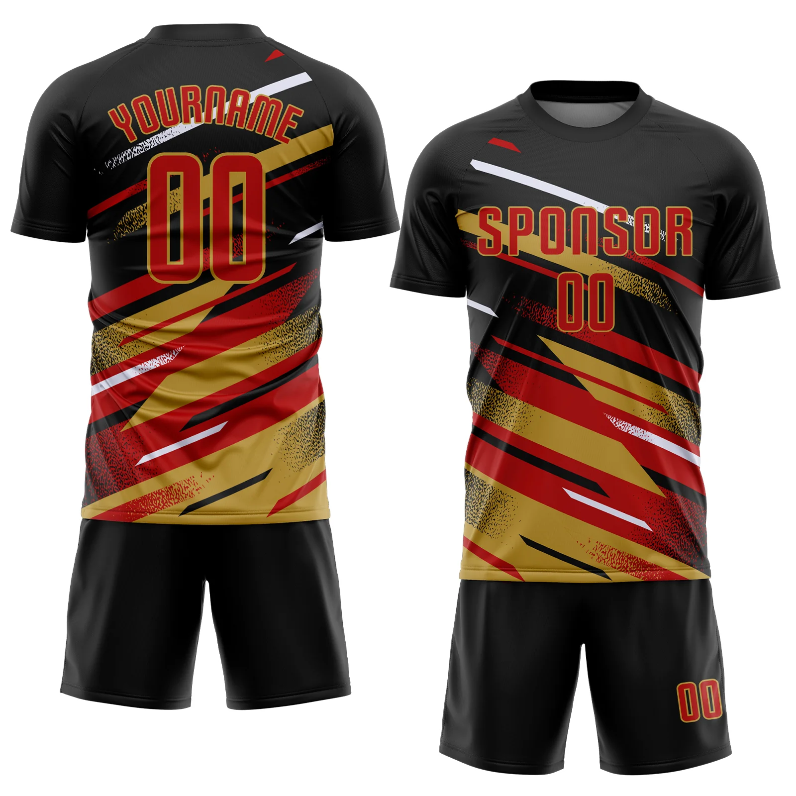 Custom Black Red Old Gold-White Grunge Stripe And Grainy Sports Sublimation Soccer Uniform Jersey - Image 2