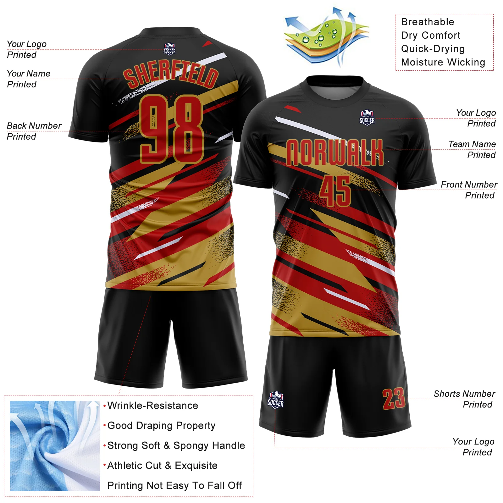 Custom Black Red Old Gold-White Grunge Stripe And Grainy Sports Sublimation Soccer Uniform Jersey - Image 4