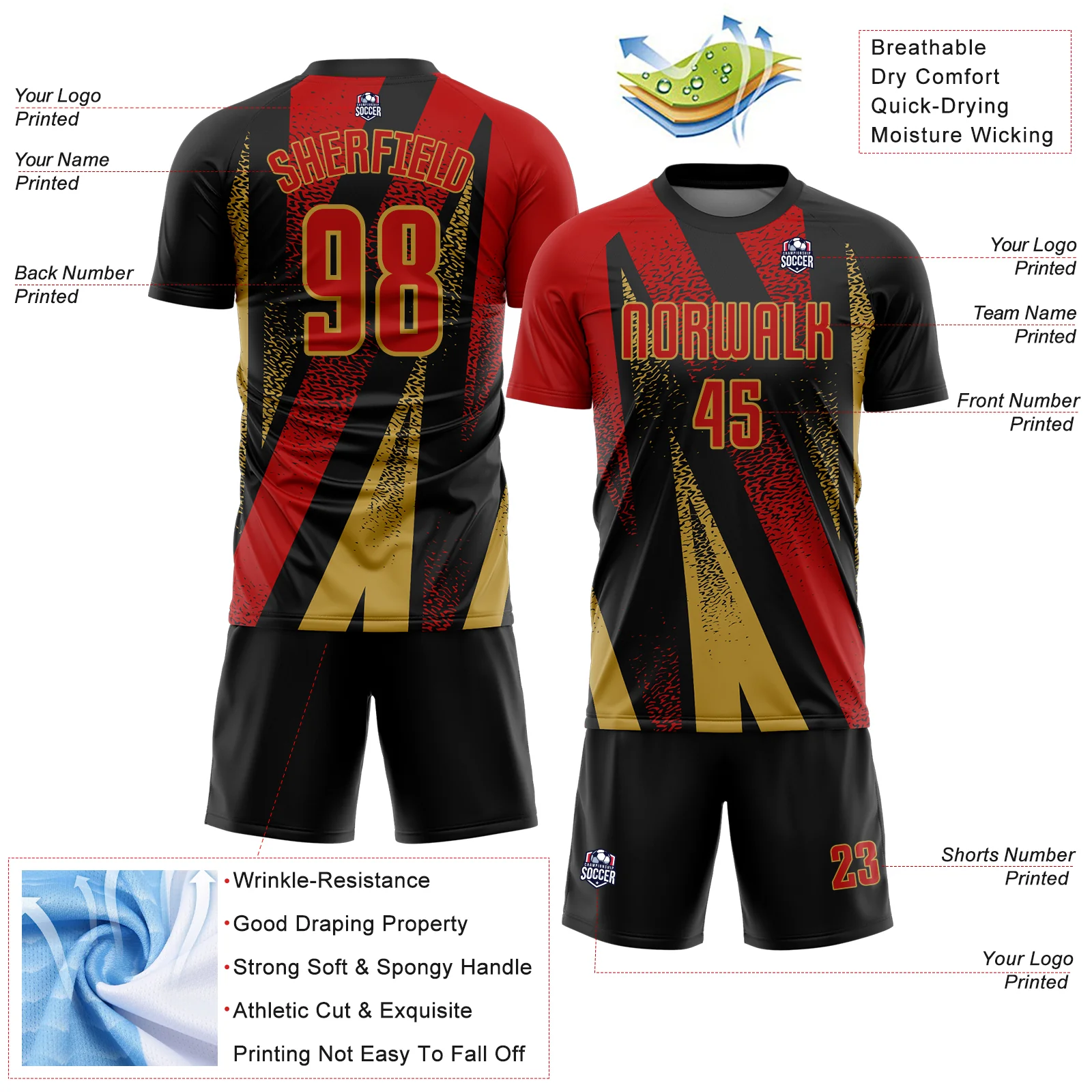 Custom Black Red-Old Gold Radial Burst Sports Sublimation Soccer Uniform Jersey - Image 4