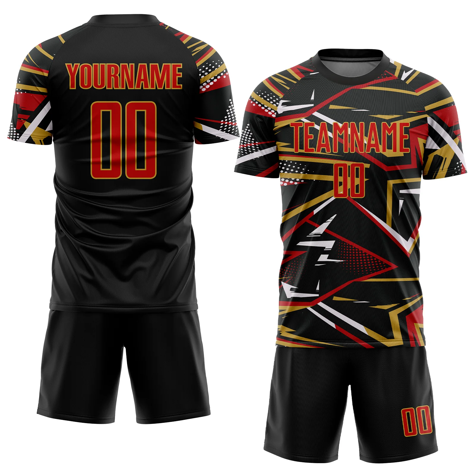 Custom Black Red Old Gold-White Abstract Geometric Stripes Sports Sublimation Soccer Uniform Jersey - Image 2