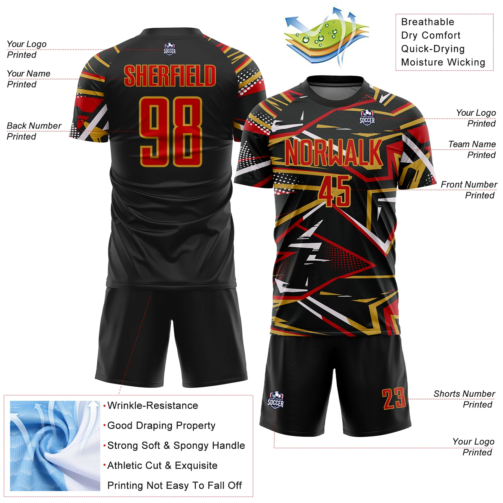 Custom Black Red Old Gold-White Abstract Geometric Stripes Sports Sublimation Soccer Uniform Jersey - Image 4