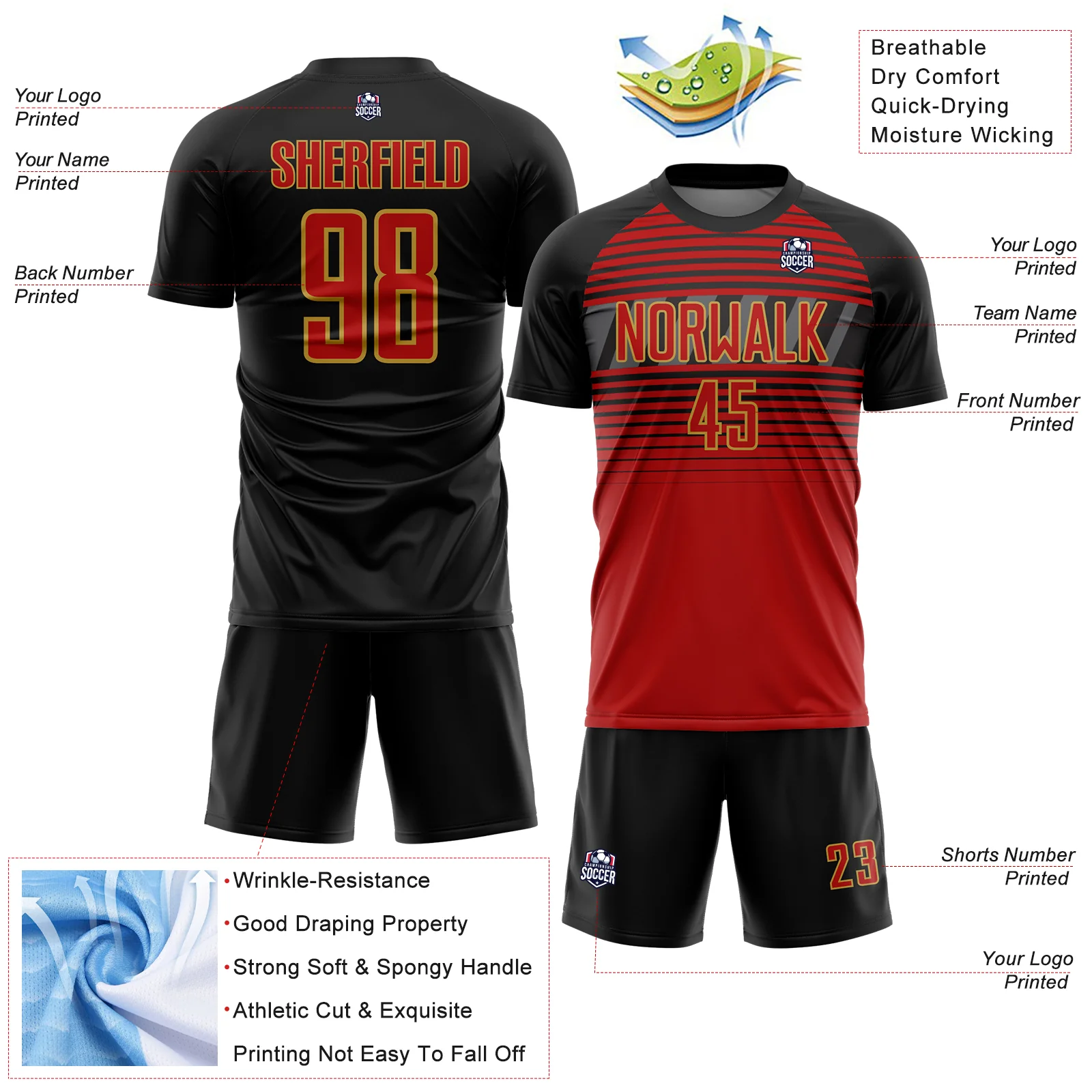 Custom Black Red Old Gold-Steel Gray Gradient Horizontal Stripes Sublimation Soccer Uniform Jersey - Image 4