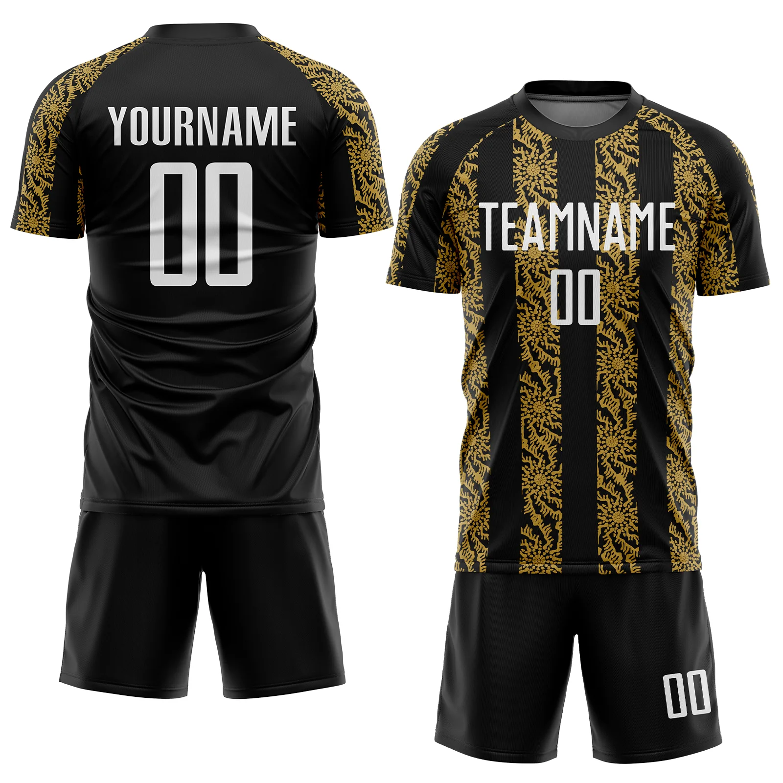 Custom Black White-Old Gold Abstract Shape Sublimation Soccer Uniform Jersey - Image 2