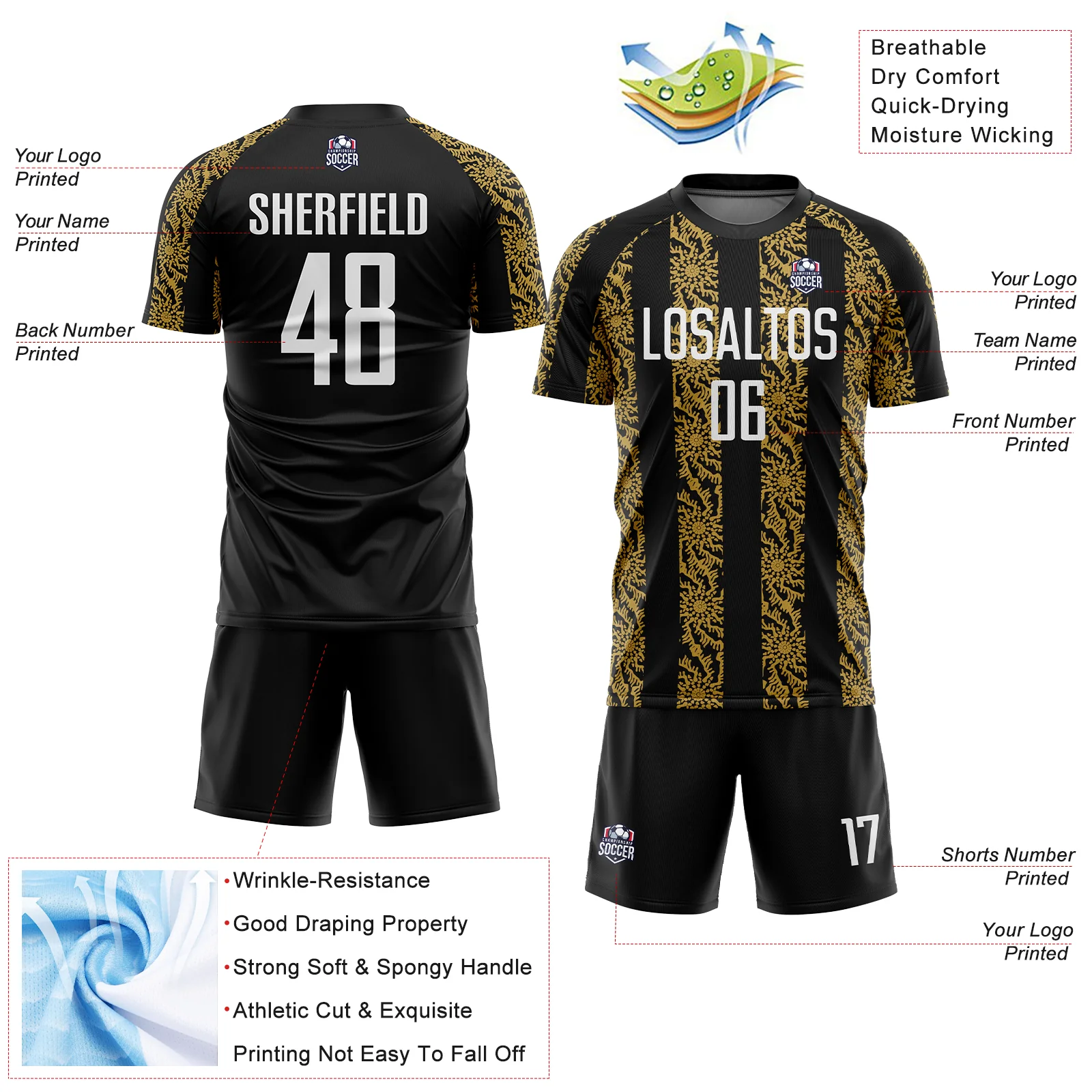 Custom Black White-Old Gold Abstract Shape Sublimation Soccer Uniform Jersey - Image 4