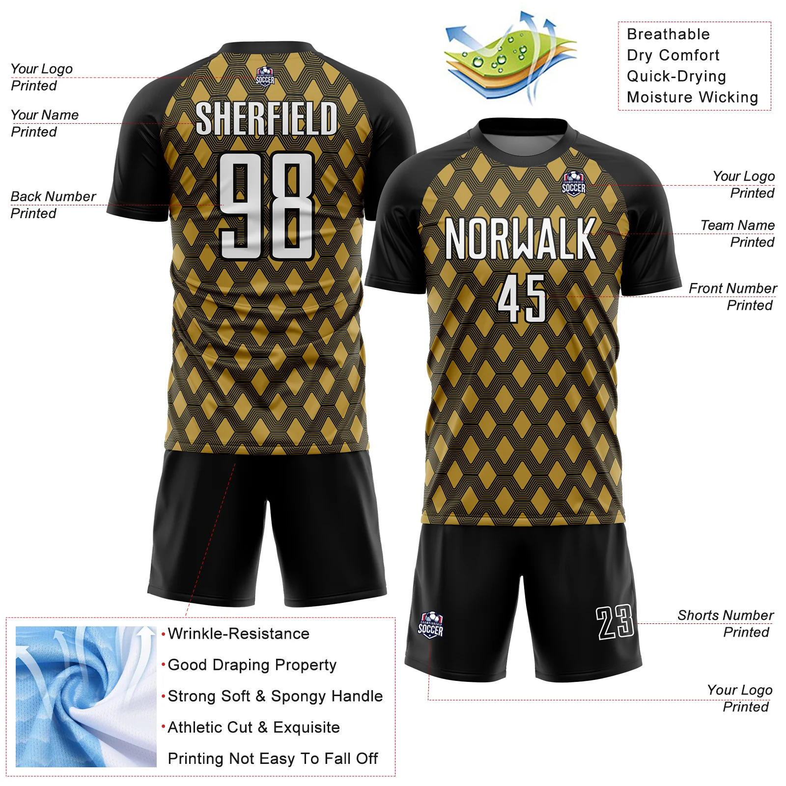 Custom Black White-Old Gold Geometric Shape Sublimation Soccer Uniform Jersey - Image 4