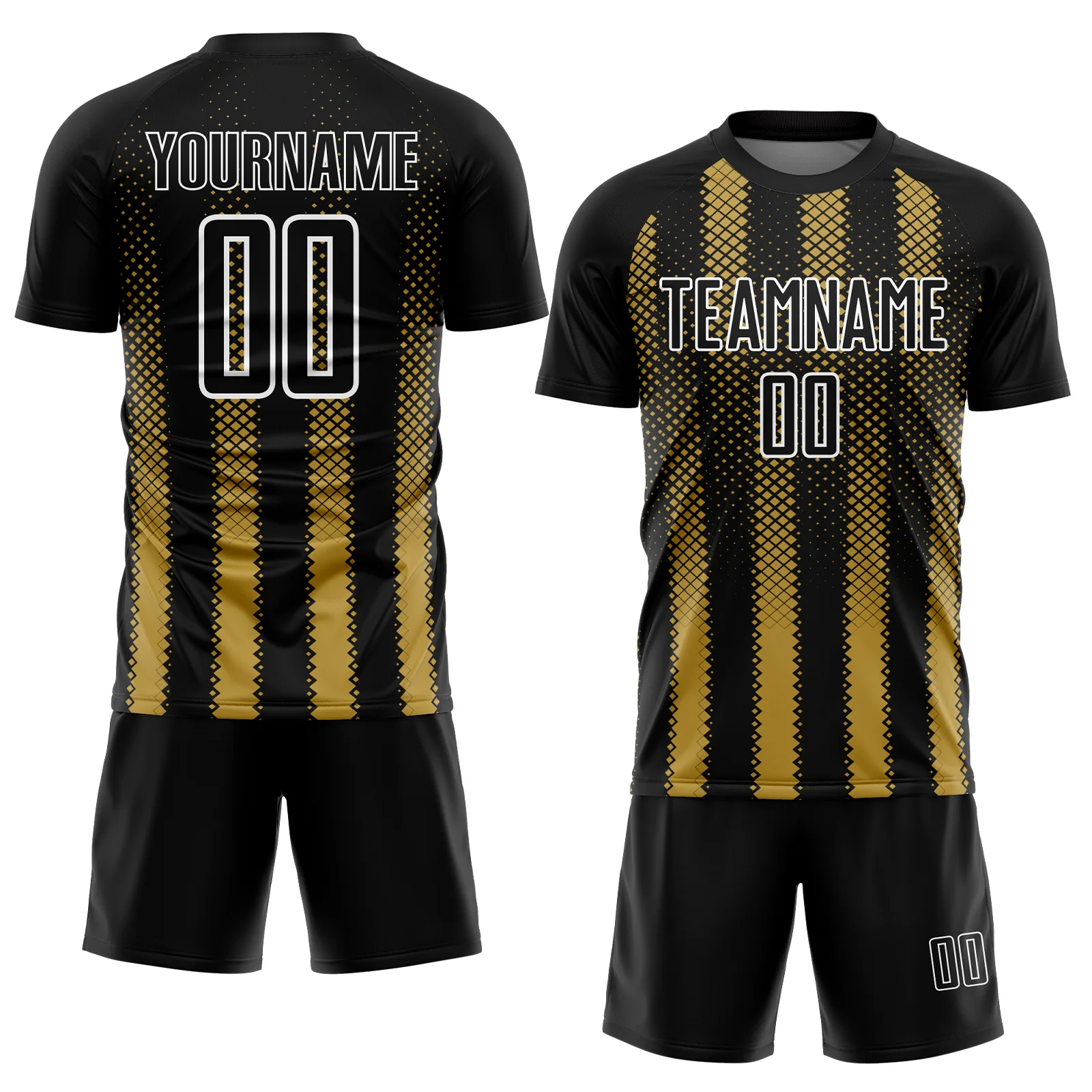 Custom Black Old Gold-White Geometric Shape Sublimation Soccer Uniform Jersey - Image 2