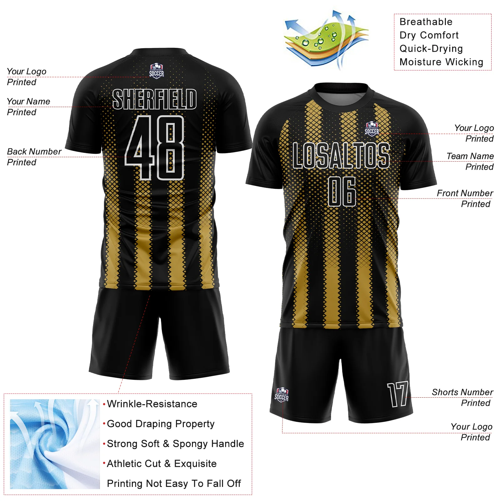 Custom Black Old Gold-White Geometric Shape Sublimation Soccer Uniform Jersey - Image 4