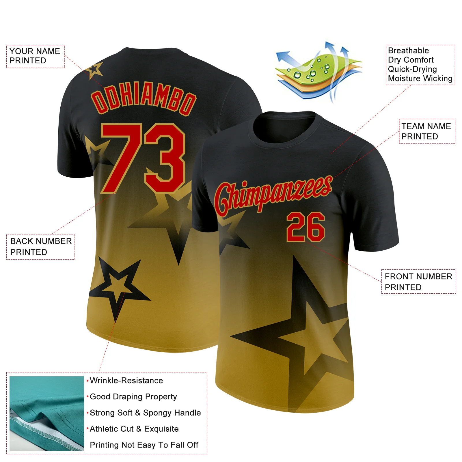 Custom Black Red-Old Gold 3D Pattern Design Gradient Style Twinkle Star Performance T-Shirt - Image 2