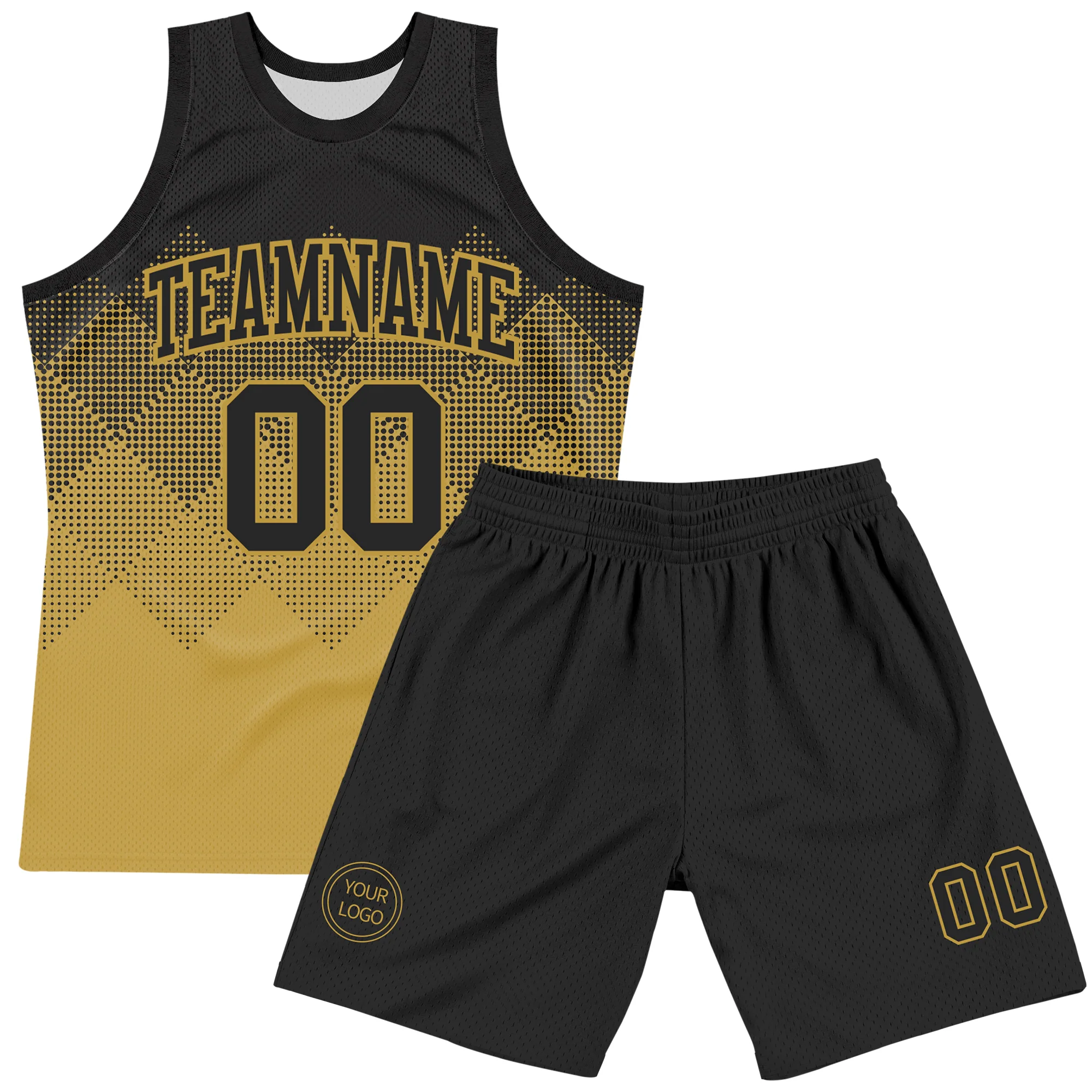 Custom Black Old Gold Gradient Square Shapes Round Neck Sublimation Basketball Suit Jersey - Image 2