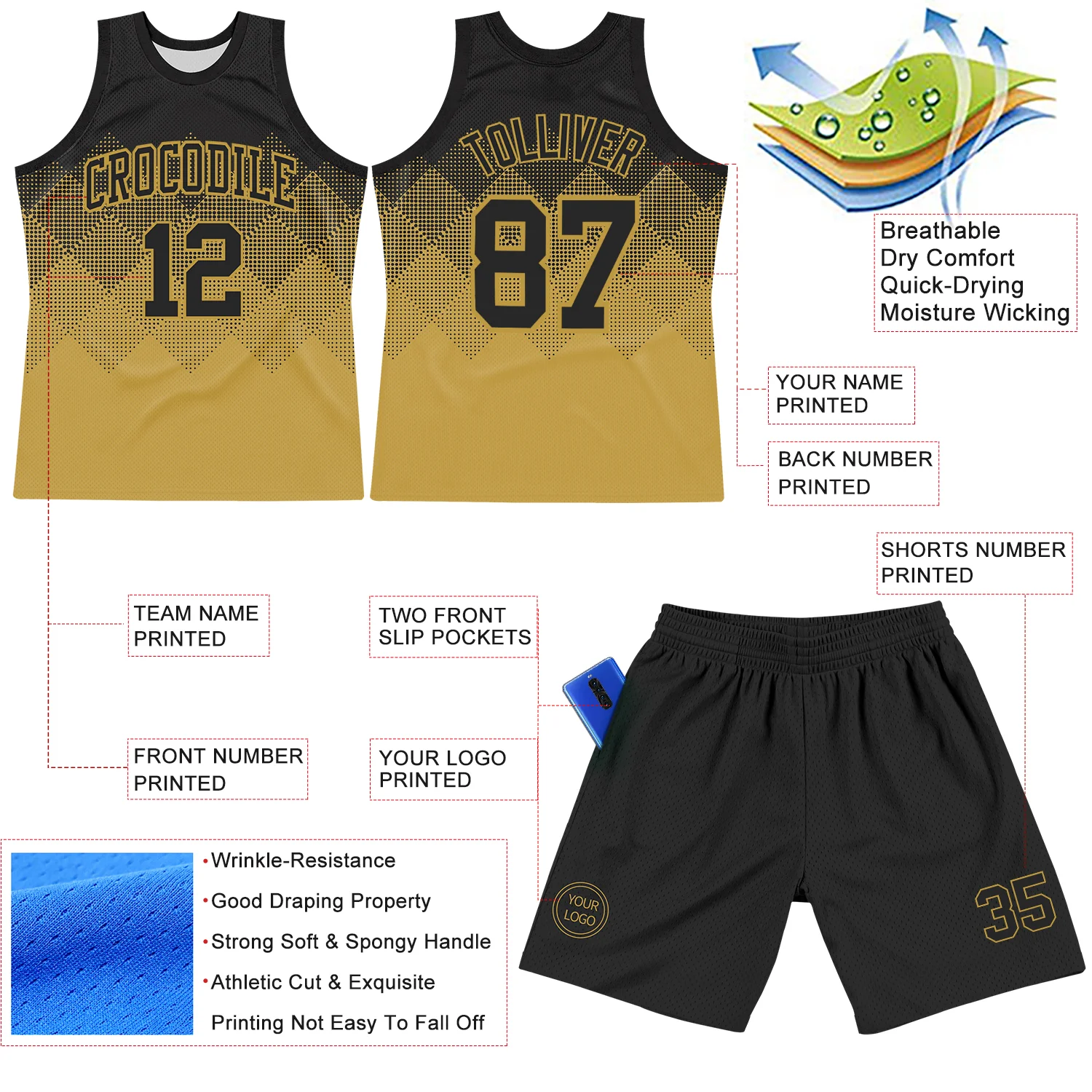 Custom Black Old Gold Gradient Square Shapes Round Neck Sublimation Basketball Suit Jersey - Image 3