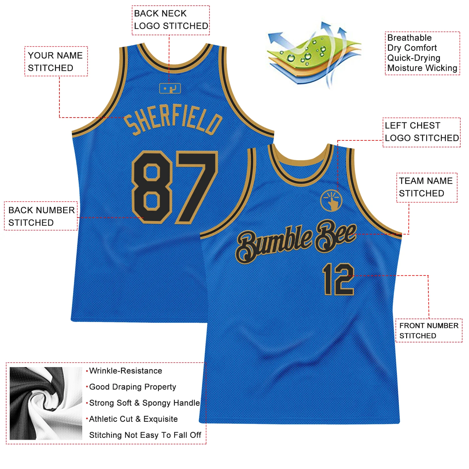 Custom Blue Black-Old Gold Authentic Throwback Basketball Jersey - Image 2