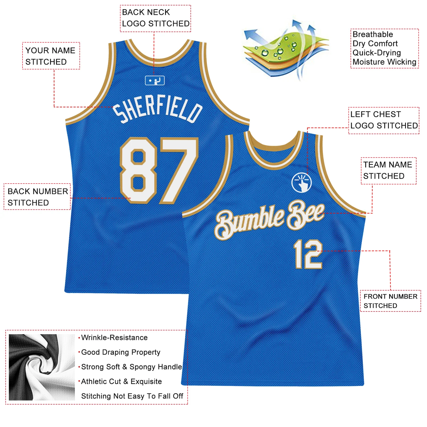 Custom Blue White-Old Gold Authentic Throwback Basketball Jersey - Image 2