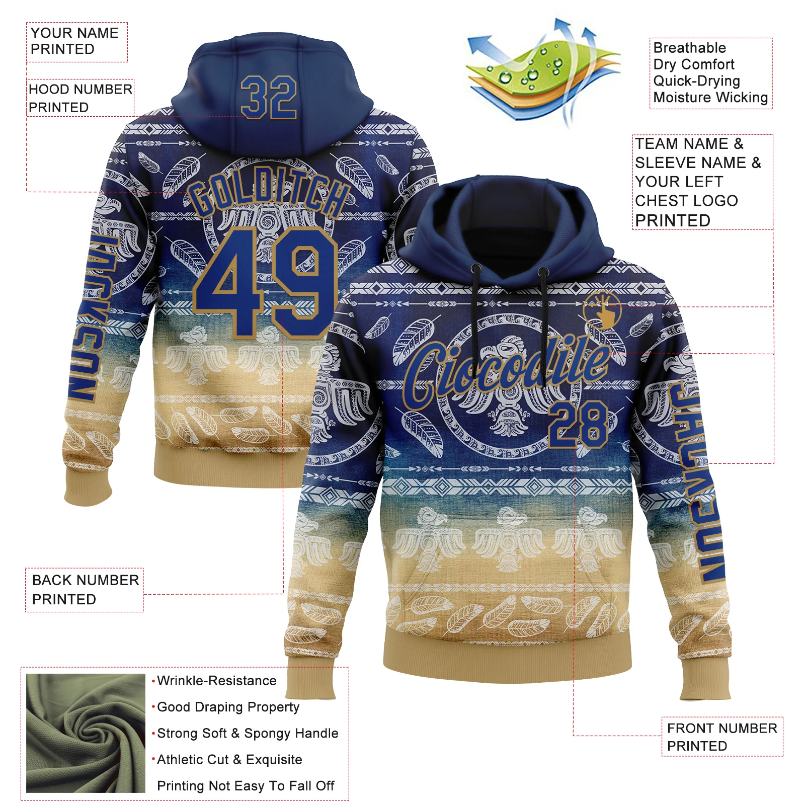 Custom Blue Royal-Old Gold 3D Pattern Design Ethnic Tribal Sportswear Pullover Sweatshirt Hoodie - Image 2