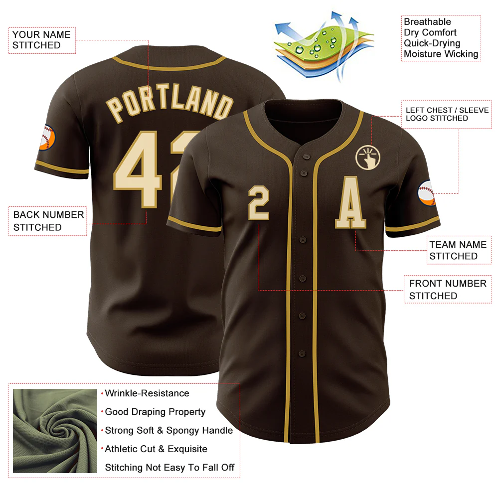 Custom Brown Cream-Old Gold Authentic Baseball Jersey - Image 2