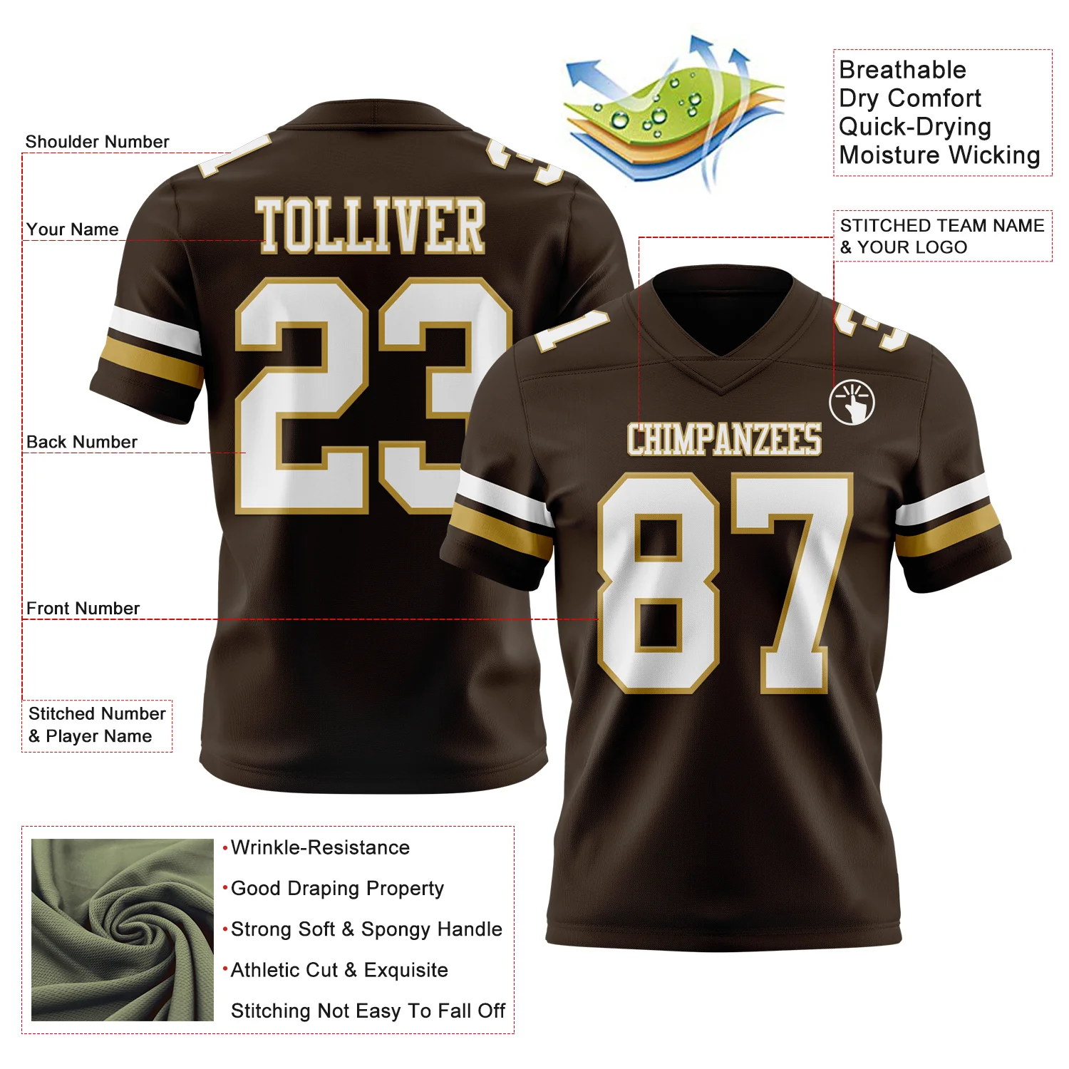 Custom Brown White-Old Gold Authentic Football Jersey - Image 3