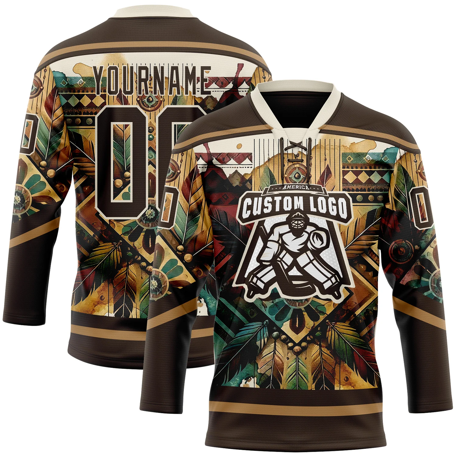 Custom Brown Old Gold-Cream Tribal Indigenous Grunge Geometric Splash Hockey Lace Neck Jersey - Image 2