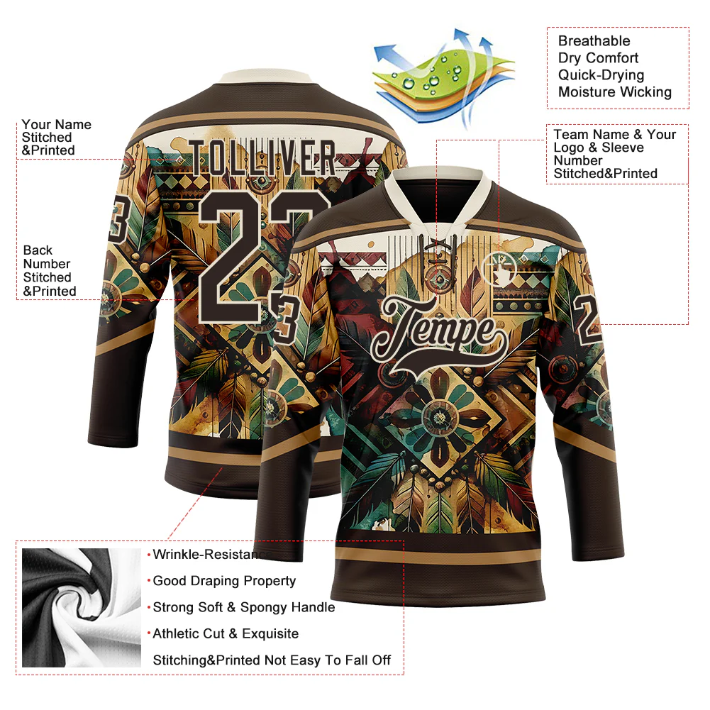 Custom Brown Old Gold-Cream Tribal Indigenous Grunge Geometric Splash Hockey Lace Neck Jersey - Image 5
