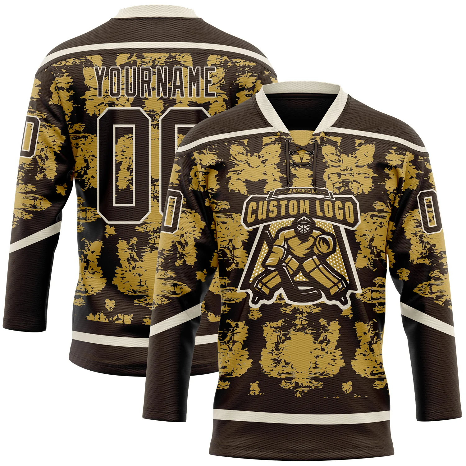 Custom Brown Old Gold-Cream Tribal Indigenous Grunge Splash Hockey Lace Neck Jersey - Image 2
