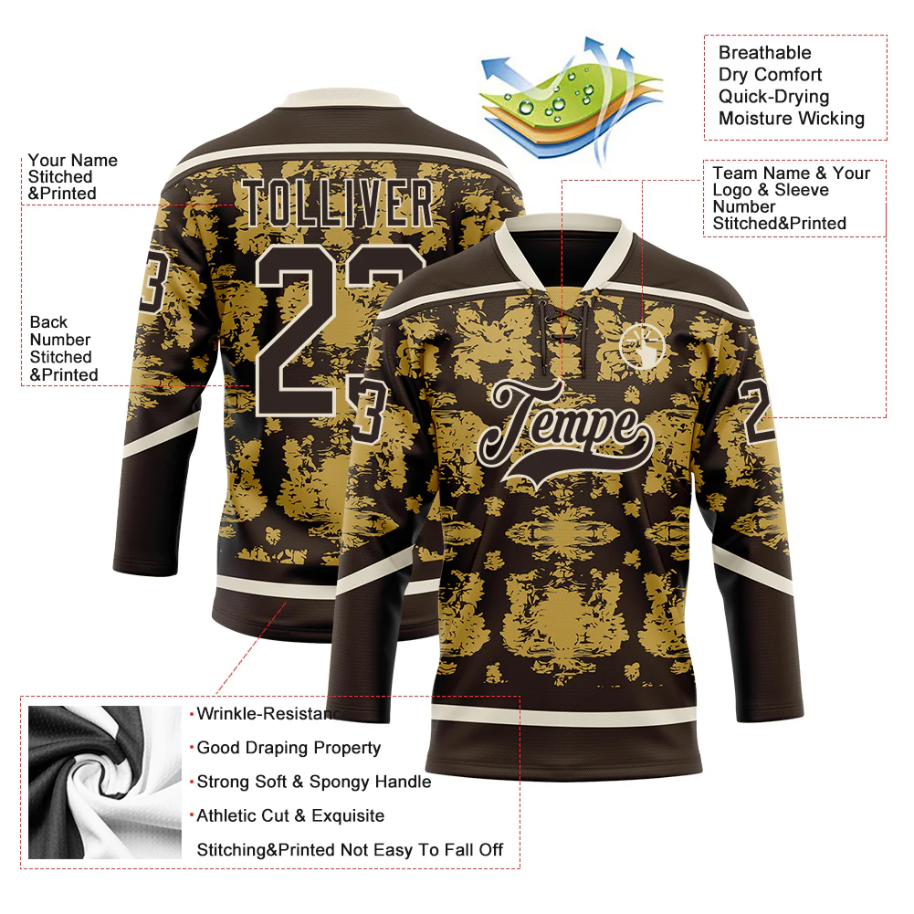 Custom Brown Old Gold-Cream Tribal Indigenous Grunge Splash Hockey Lace Neck Jersey - Image 5