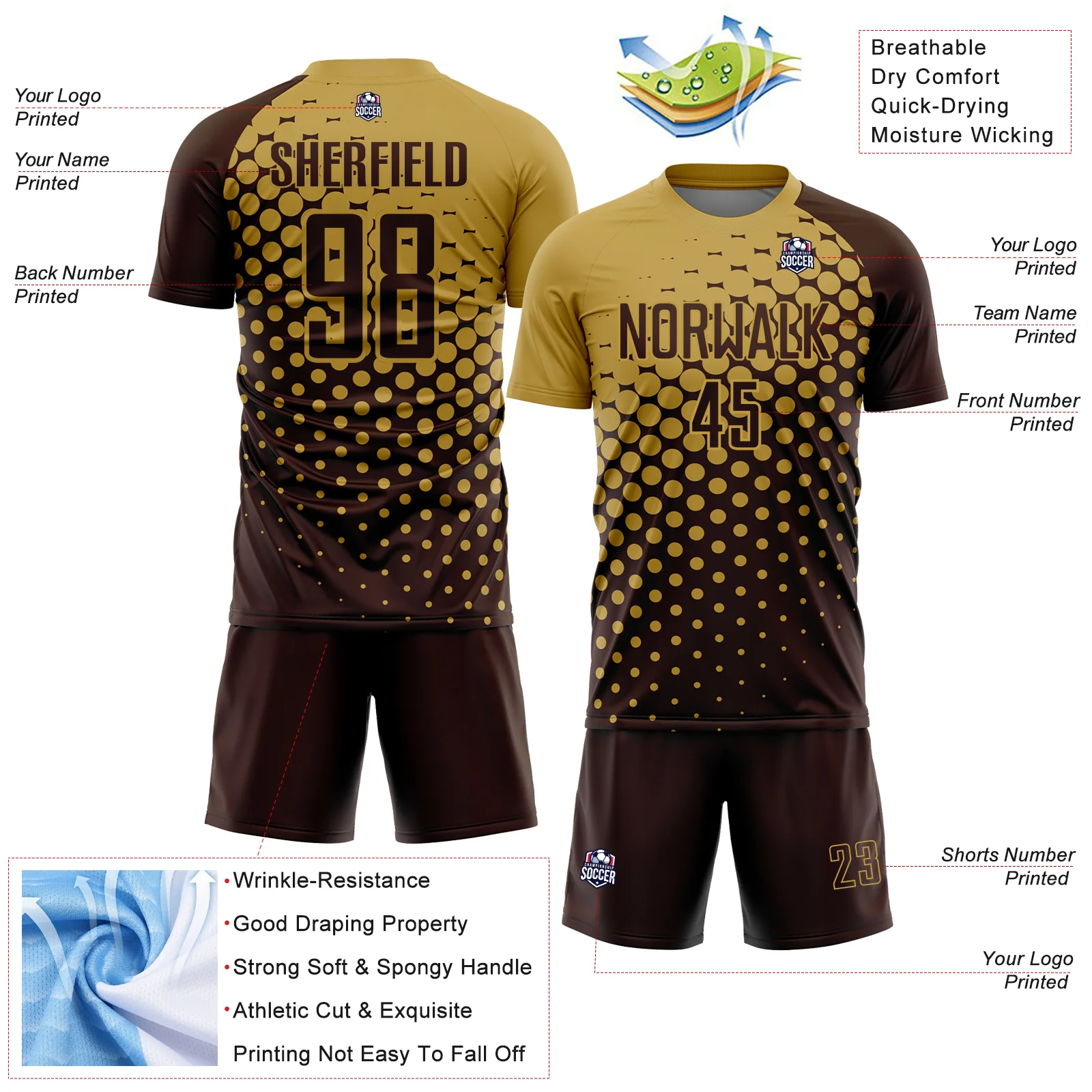 Custom Brown Old Gold Modern Polka Dot Sublimation Soccer Uniform Jersey - Image 4