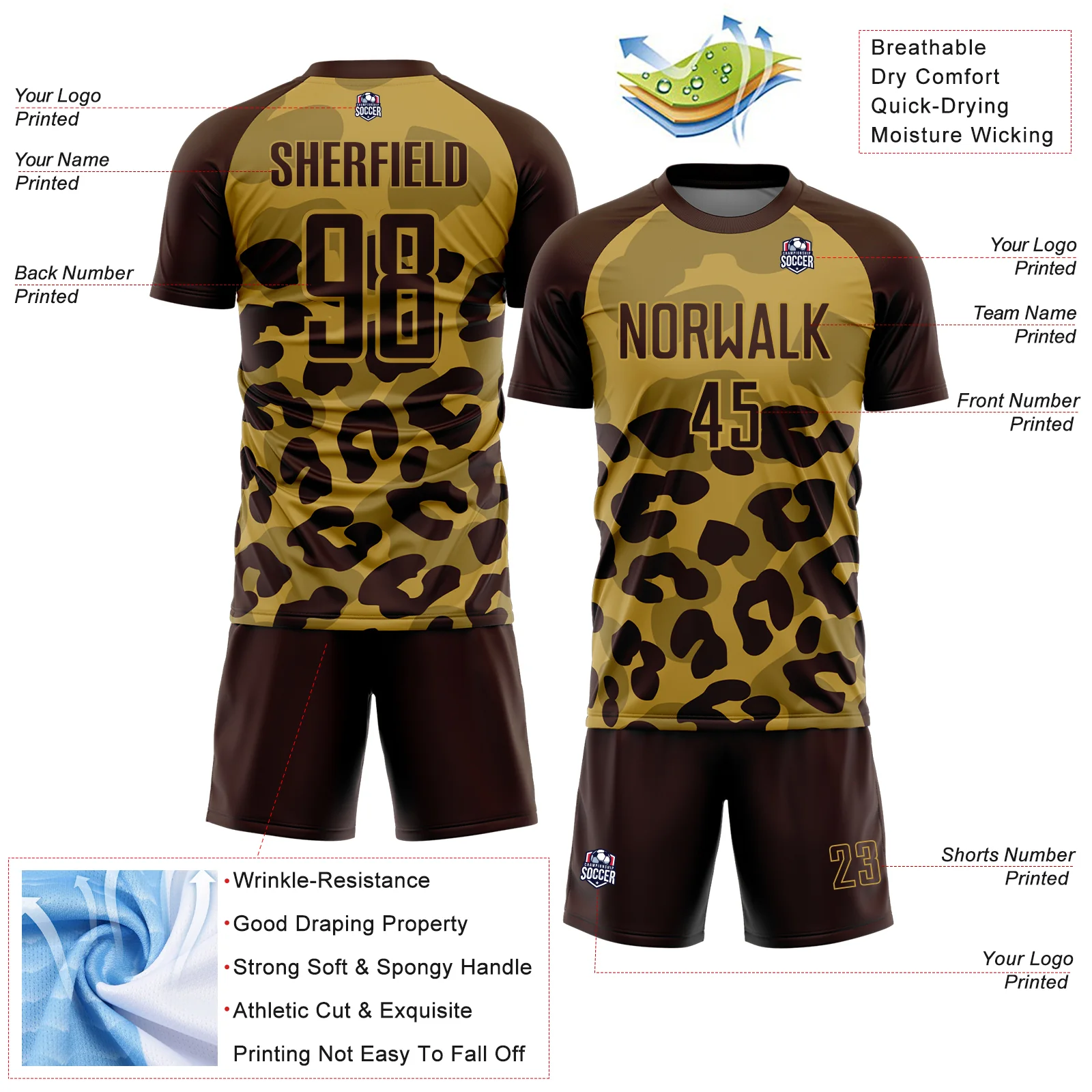 Custom Brown Old Gold Animal Leopard Print Sports Sublimation Soccer Uniform Jersey - Image 4