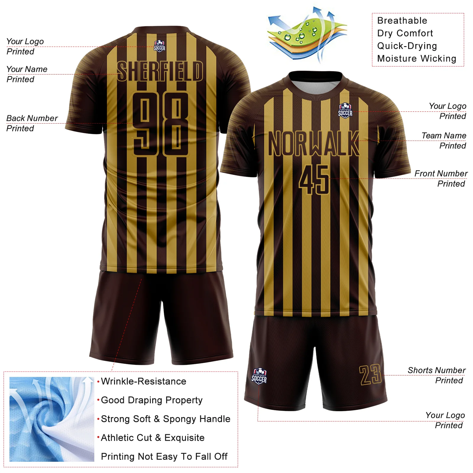 Custom Brown Old Gold Stripe Sports Sublimation Soccer Uniform Jersey - Image 4