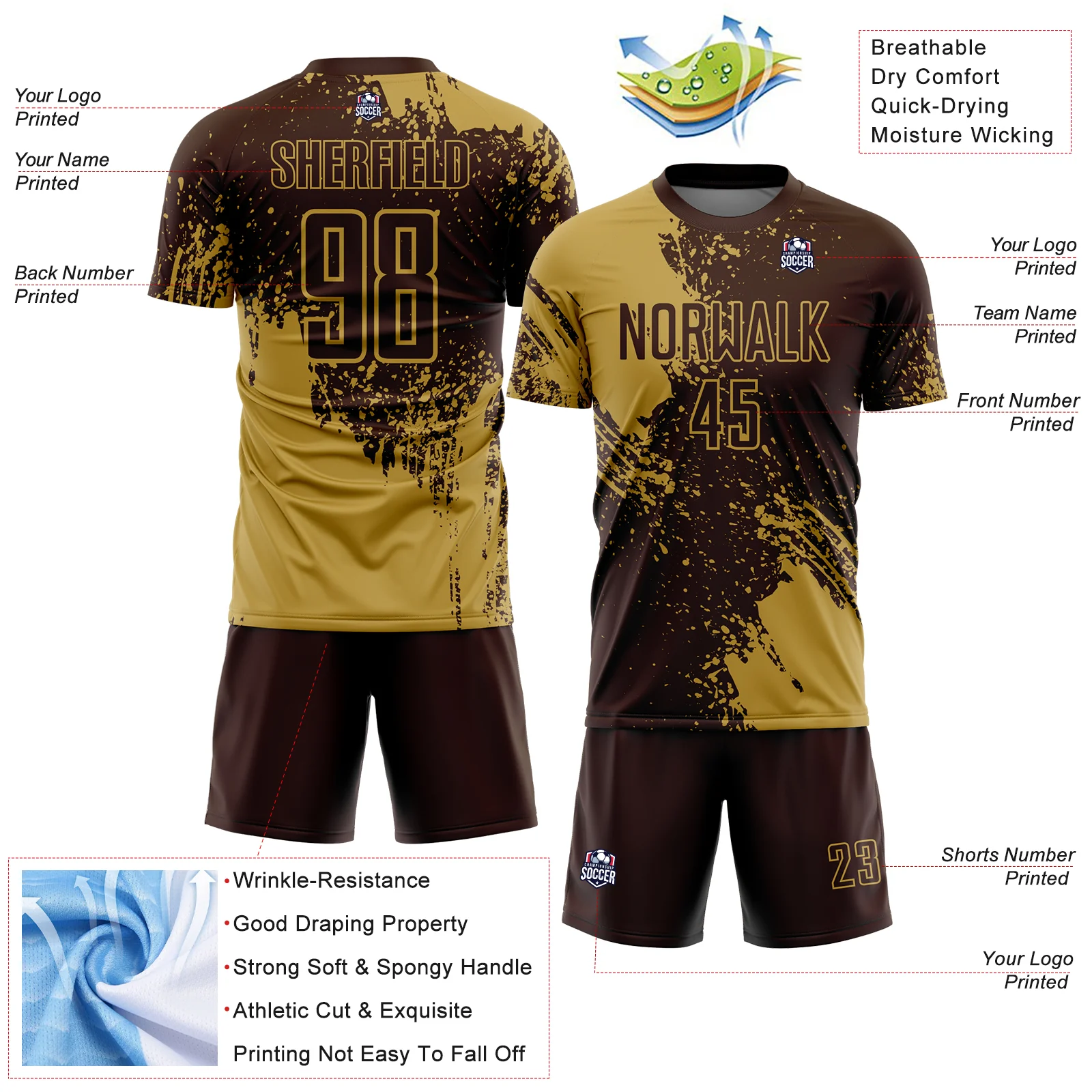 Custom Brown Old Gold Abstract Brush Stroke Sports Sublimation Soccer Uniform Jersey - Image 4
