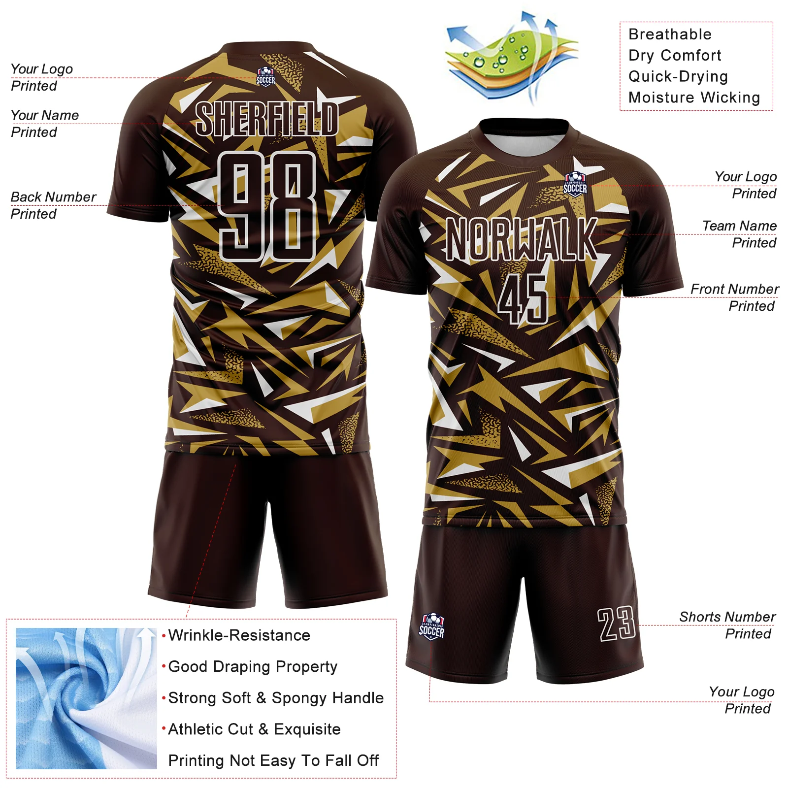 Custom Brown Old Gold-White Cyber Mecha E-sport Geometric Shards Spike Sublimation Soccer Uniform Jersey - Image 4