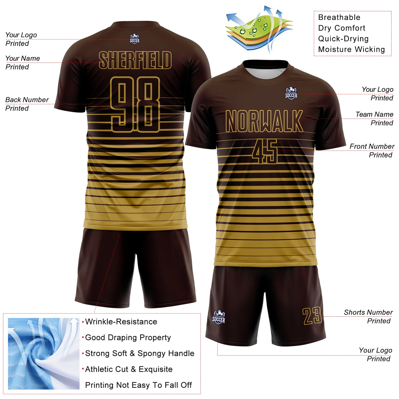 Custom Brown Old Gold Gradient Pinstripe Sublimation Soccer Uniform Jersey - Image 4