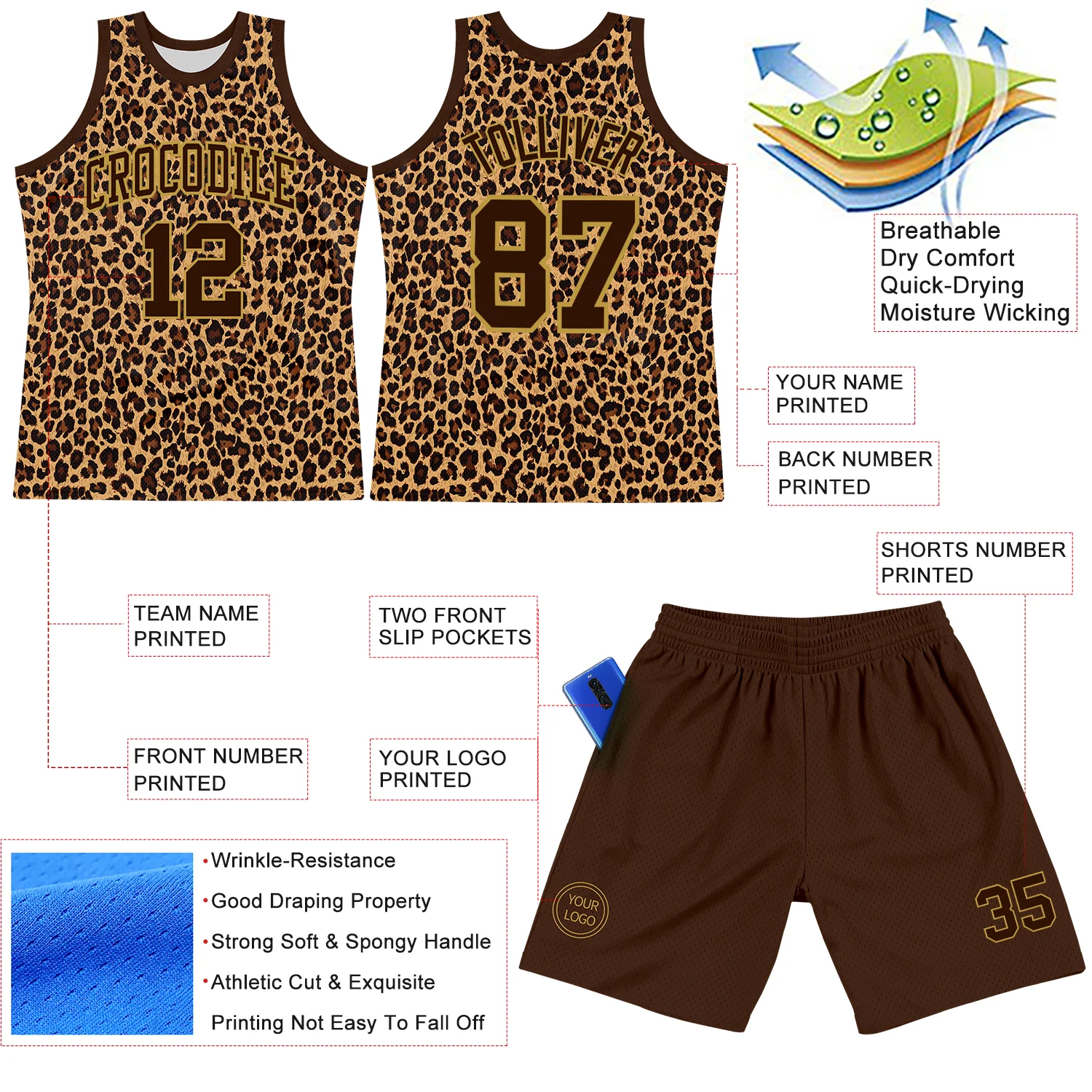 Custom Brown Old Gold Leopard Print Round Neck Sublimation Basketball Suit Jersey - Image 3