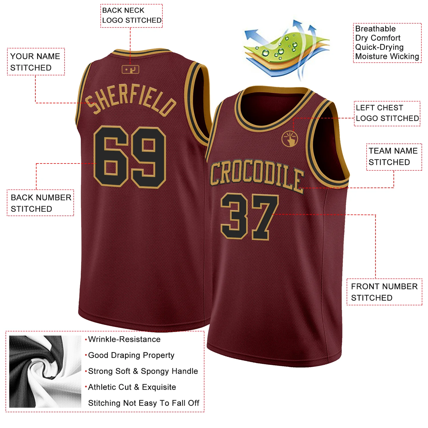 Custom Burgundy Black-Old Gold Authentic Basketball Jersey - Image 2
