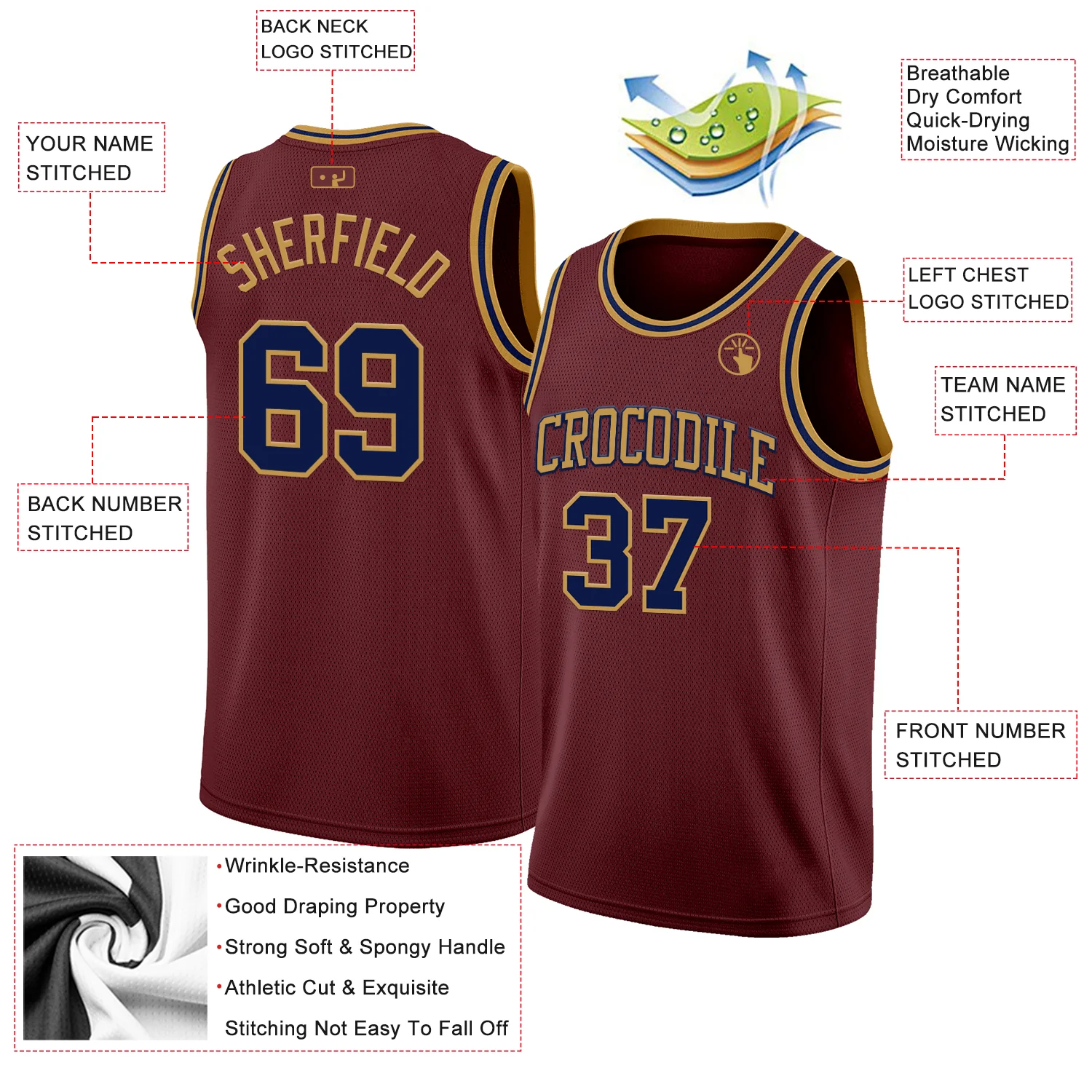 Custom Burgundy Navy-Old Gold Authentic Basketball Jersey - Image 2