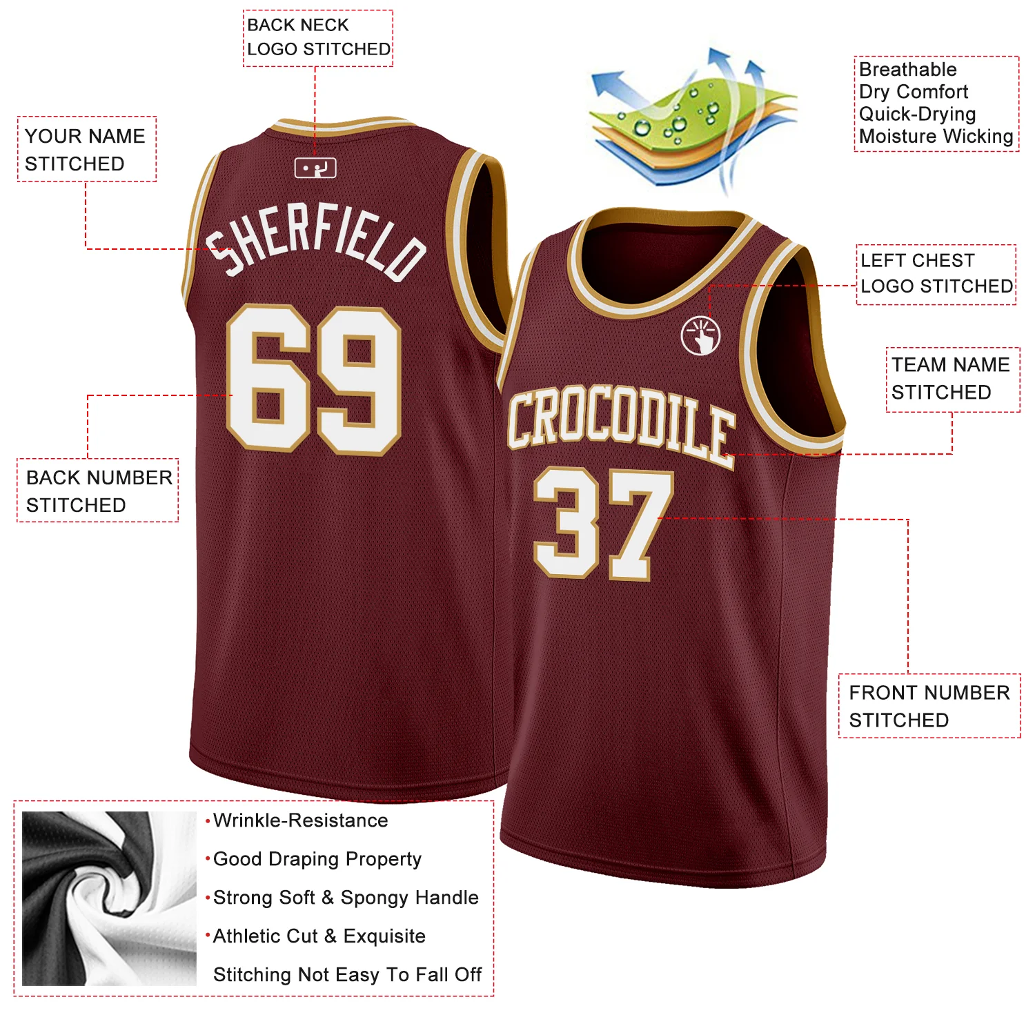Custom Burgundy White-Old Gold Authentic Basketball Jersey - Image 2