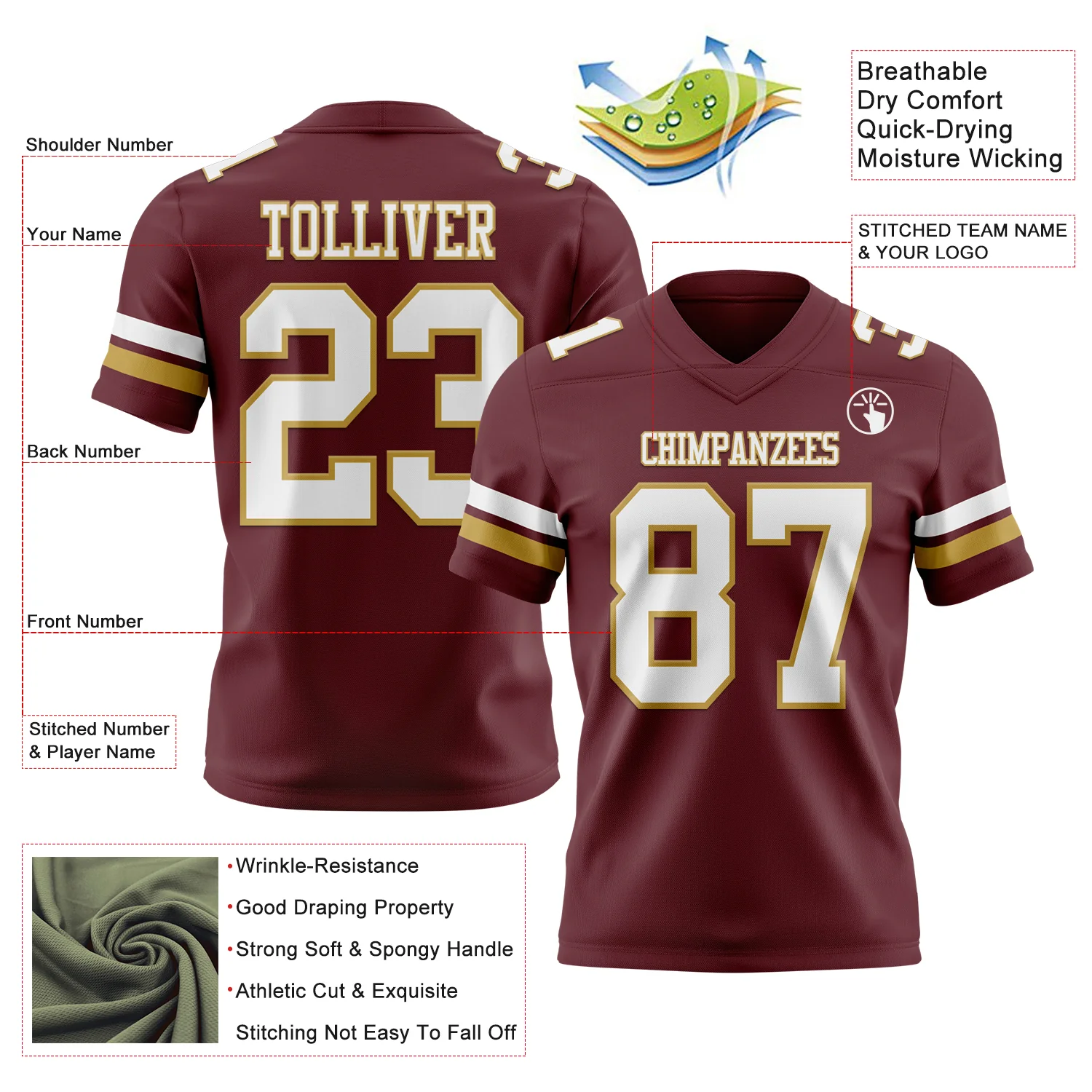 Custom Burgundy White-Old Gold Authentic Football Jersey - Image 3