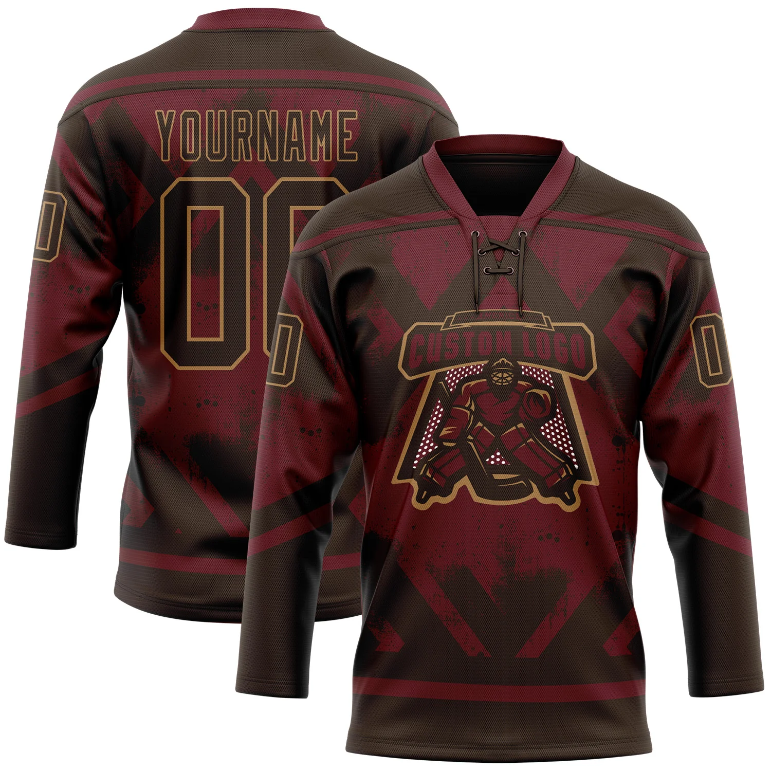 Custom Burgundy Brown-Old Gold Tribal Indigenous Grunge Splash Hockey Lace Neck Jersey - Image 2