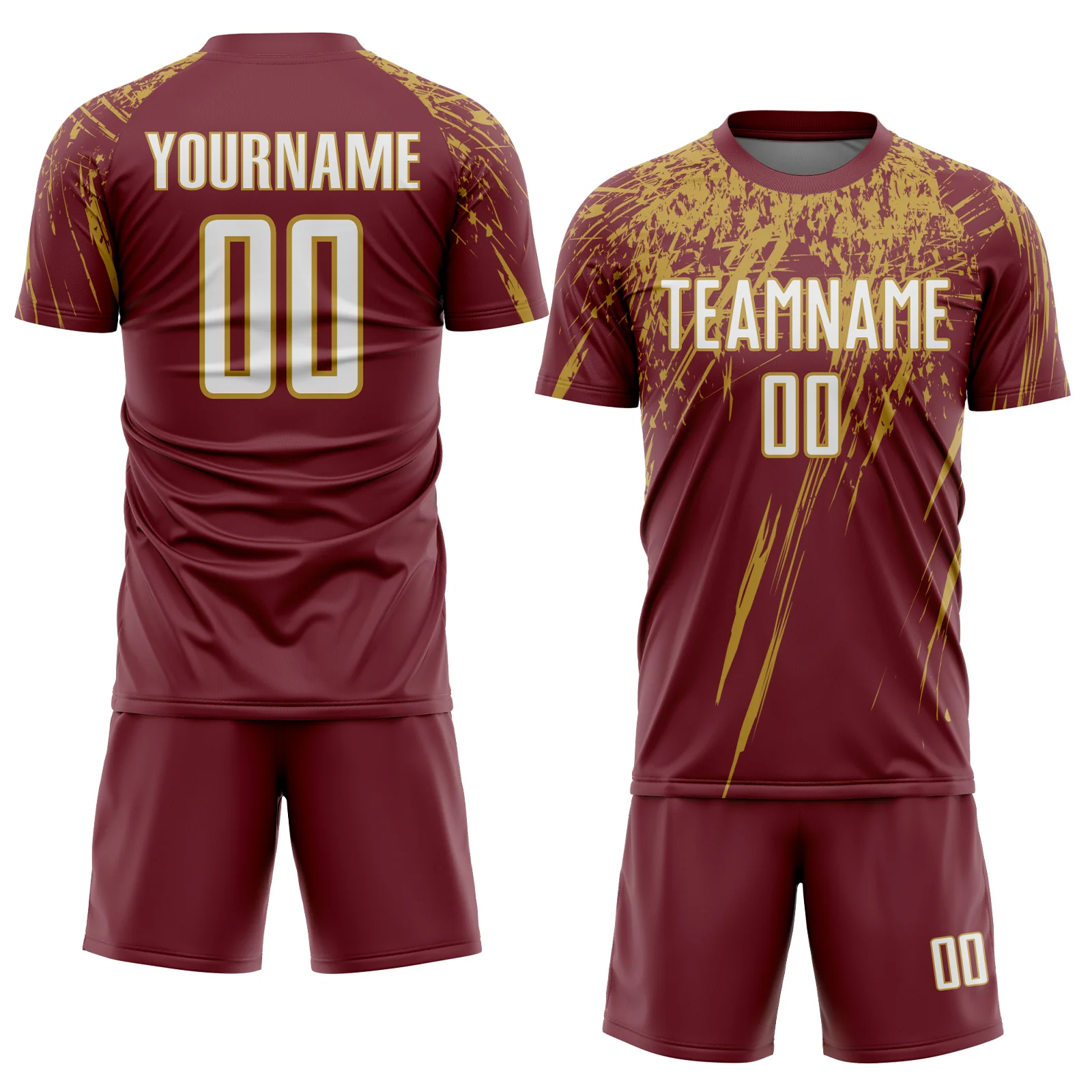 Custom Burgundy White-Old Gold Splash Sports Sublimation Soccer Uniform Jersey - Image 2
