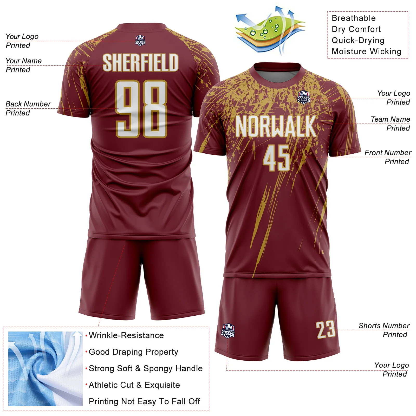Custom Burgundy White-Old Gold Splash Sports Sublimation Soccer Uniform Jersey - Image 4