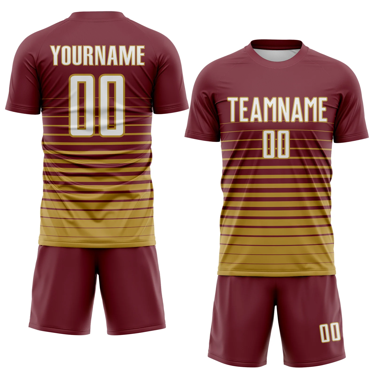 Custom Burgundy White-Old Gold Gradient Pinstripe Sublimation Soccer Uniform Jersey - Image 2