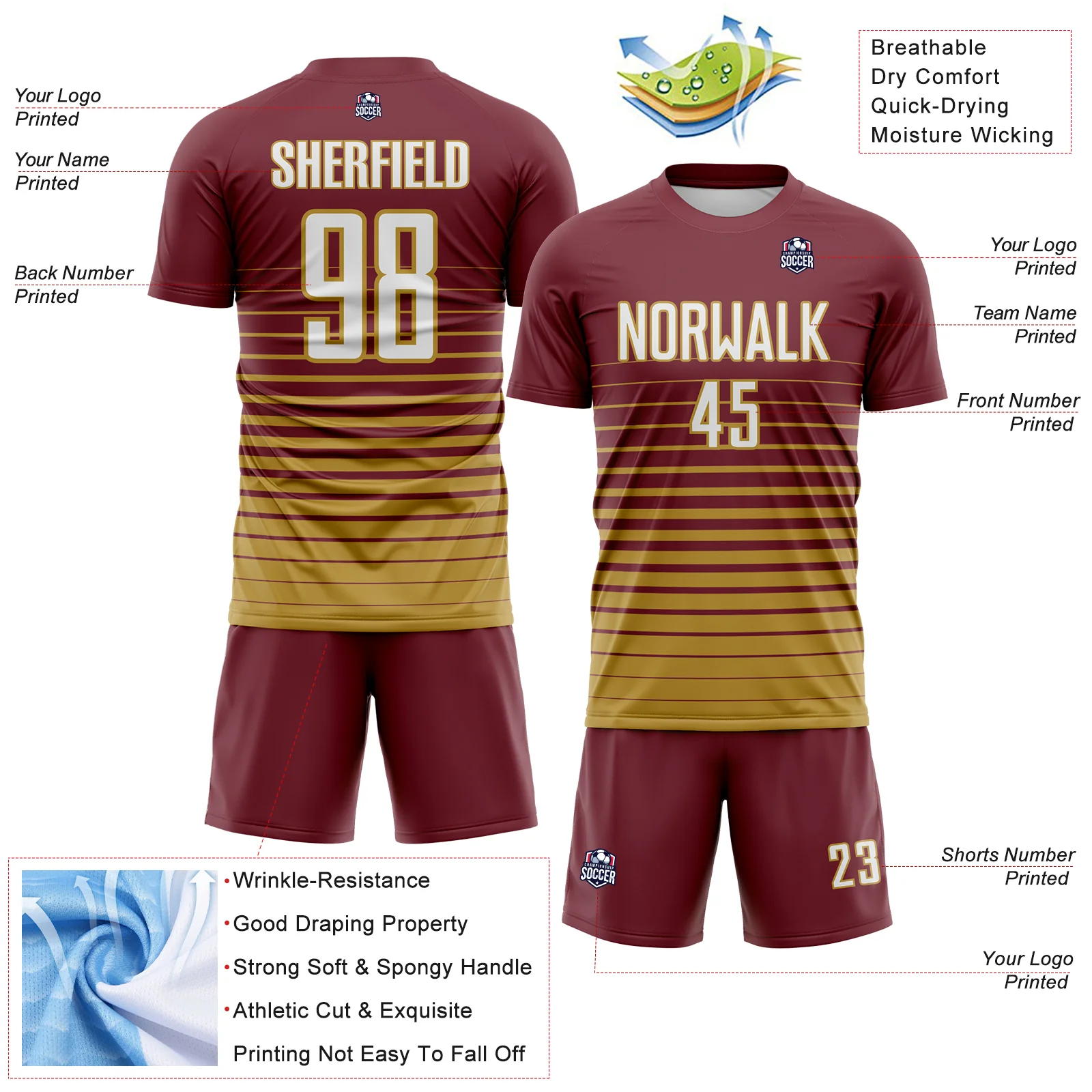 Custom Burgundy White-Old Gold Gradient Pinstripe Sublimation Soccer Uniform Jersey - Image 4